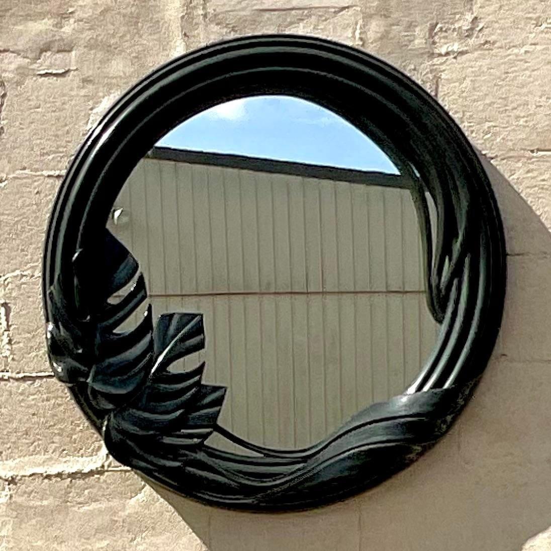Late 20th Century Vintage Bobo Round Lacquered Monstera Leaf Mirror For Sale 1