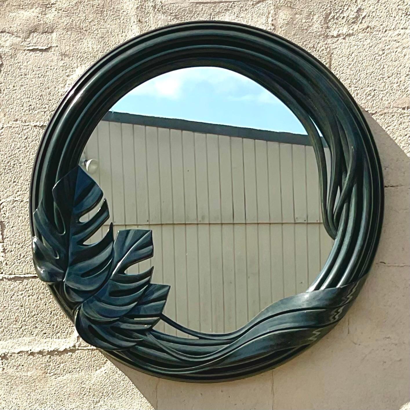 Late 20th Century Vintage Bobo Round Lacquered Monstera Leaf Mirror For Sale 2
