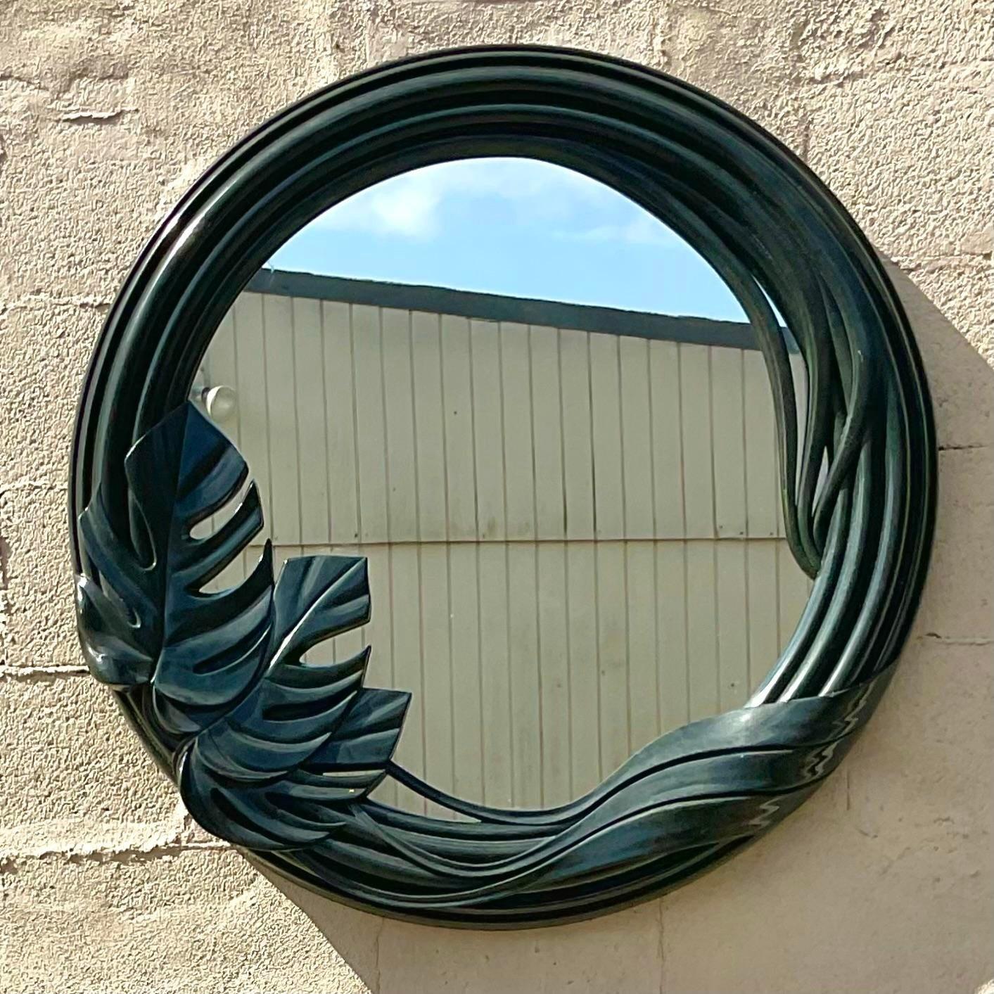 Late 20th Century Vintage Bobo Round Lacquered Monstera Leaf Mirror For Sale 3
