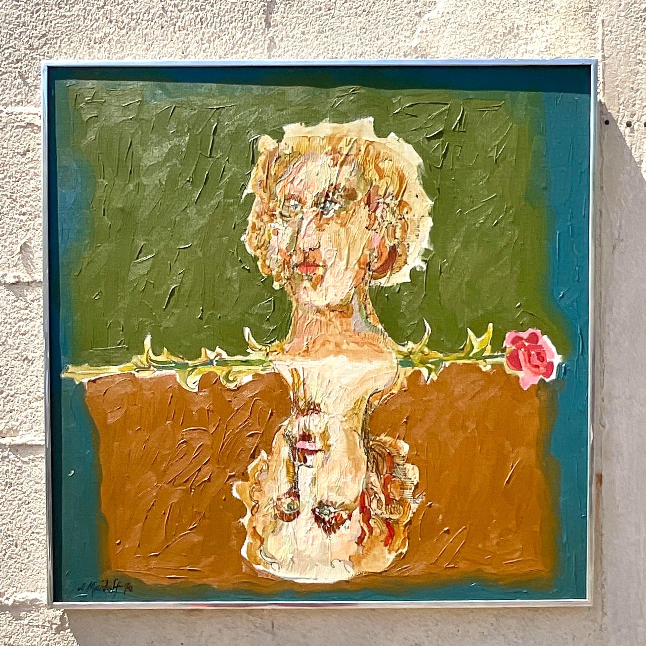 Verleihen Sie Ihrem Raum einen eklektischen Charme mit diesem Vintage Boho Abstrakt Figural Öl auf Leinwand. Die lebendigen Farben und die abstrakten Figuren, die die Seele des künstlerischen Ausdrucks einfangen, evozieren die freigeistige Essenz