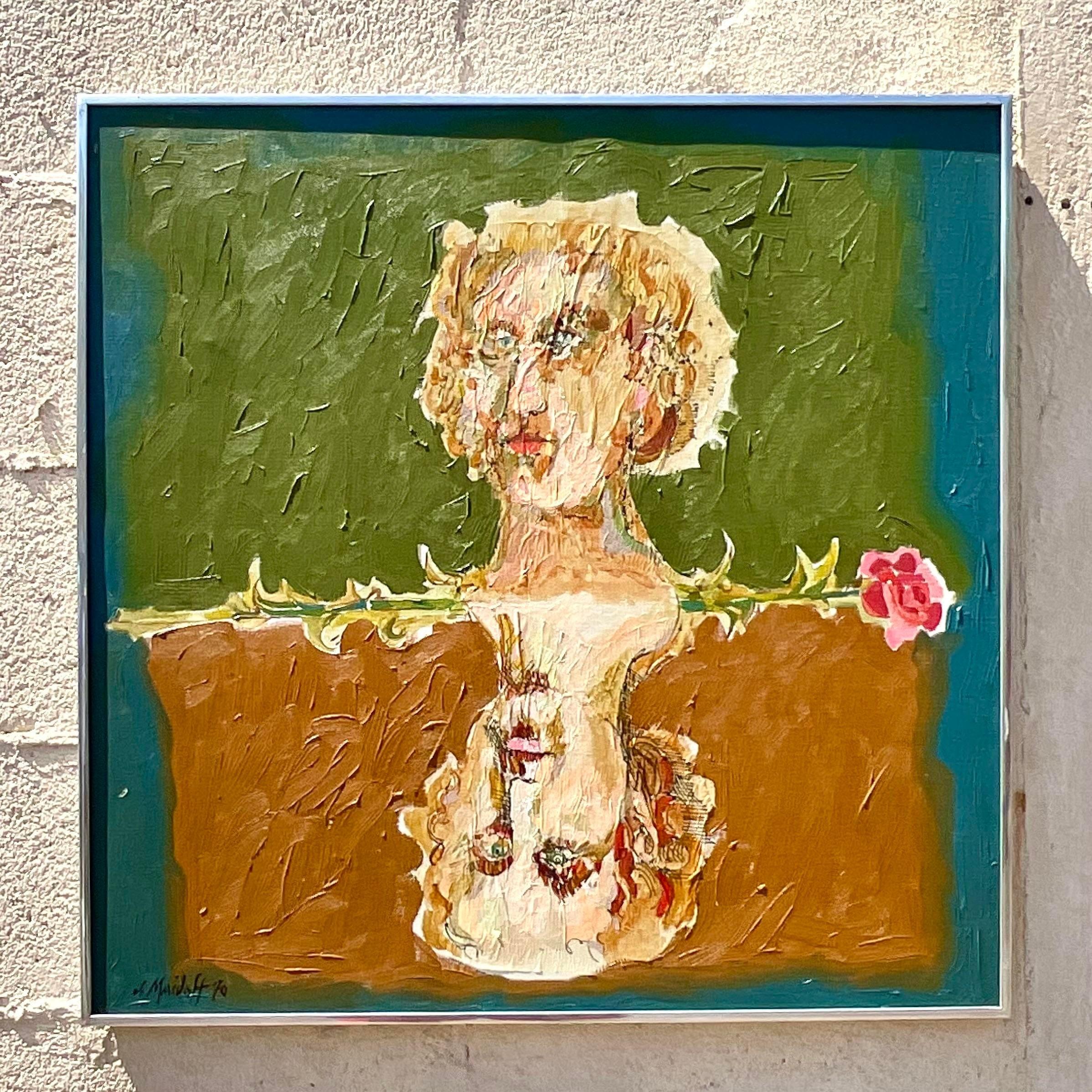 American Late 20th Century Vintage Boho Abstract Figural Oil on Canvas Original Painting For Sale