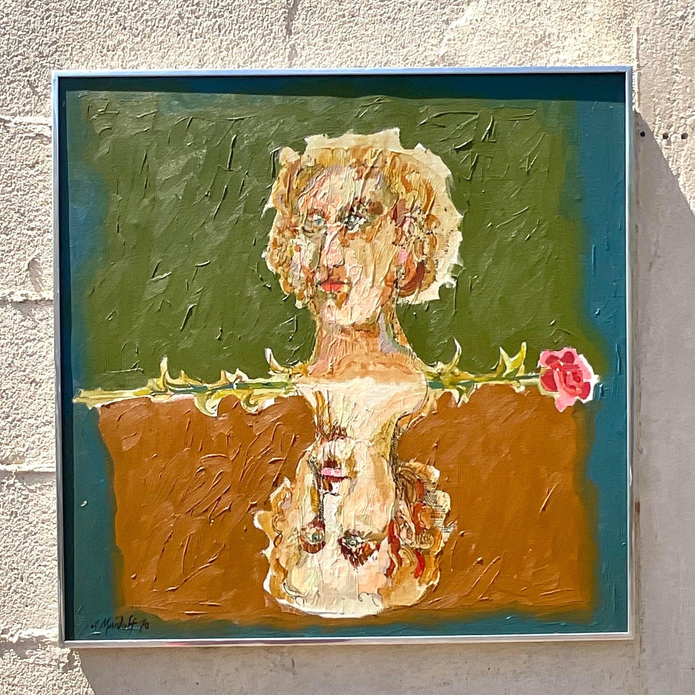 Late 20th Century Vintage Boho Abstract Figural Oil on Canvas Original Painting In Good Condition For Sale In west palm beach, FL