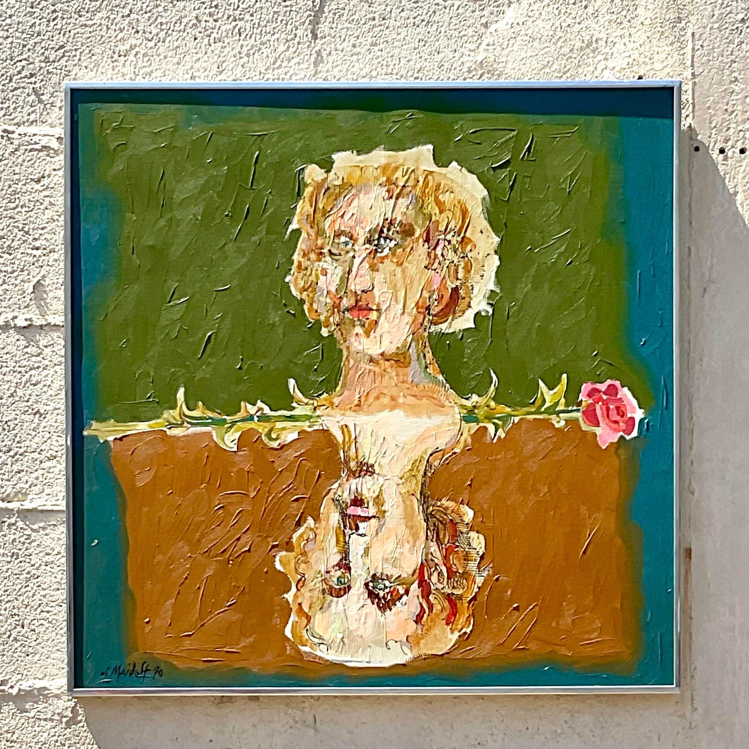 Metal Late 20th Century Vintage Boho Abstract Figural Oil on Canvas Original Painting For Sale