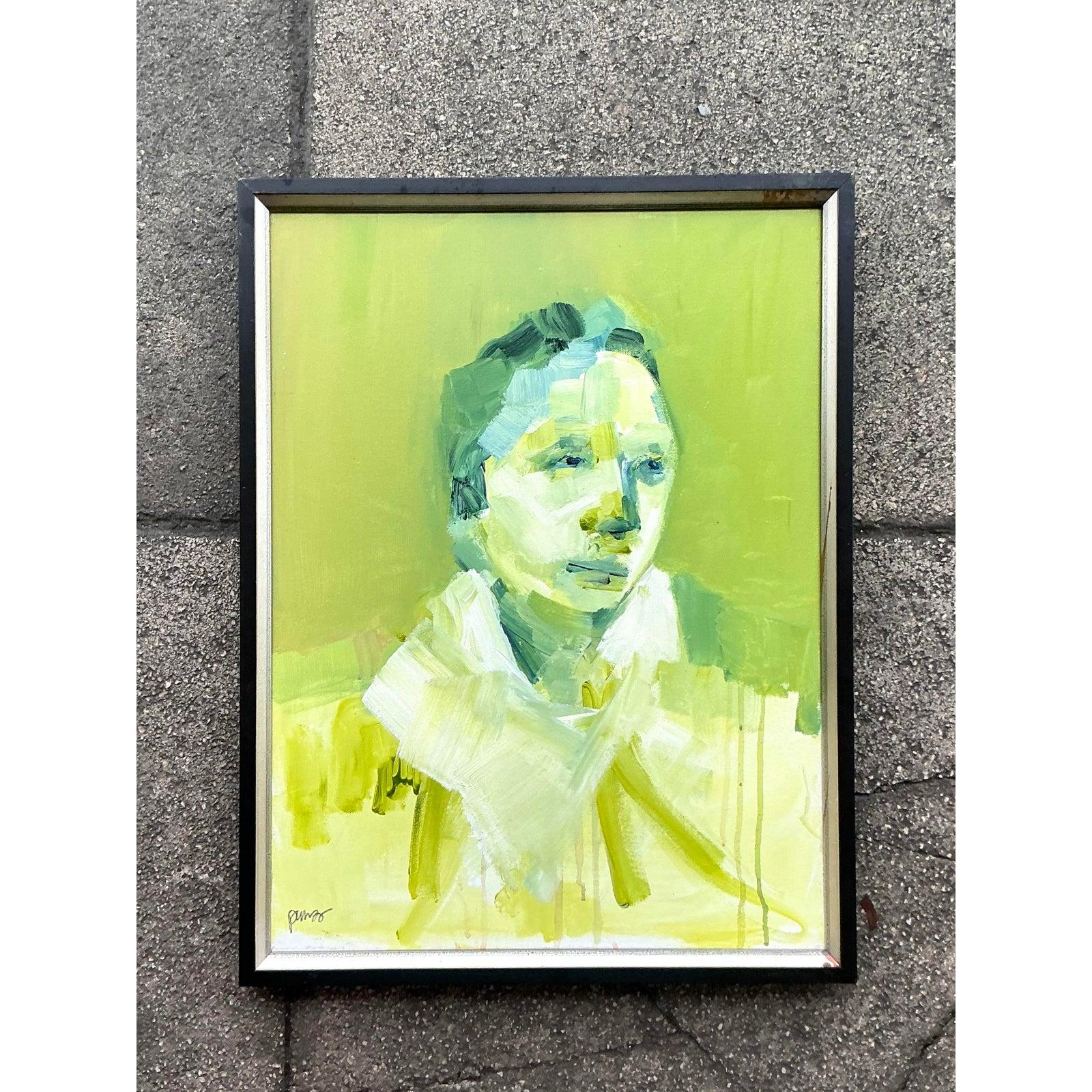 Ende des 20. Jahrhunderts Vintage Boho abstrakte figurative Porträt auf Leinwand (amerikanisch) im Angebot