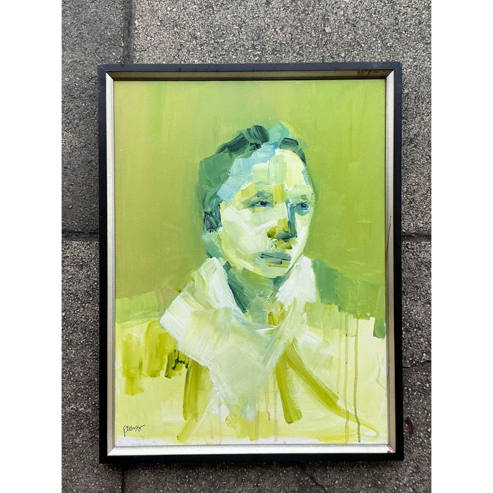Ende des 20. Jahrhunderts Vintage Boho abstrakte figurative Porträt auf Leinwand im Zustand „Gut“ im Angebot in West Palm Beach, FL