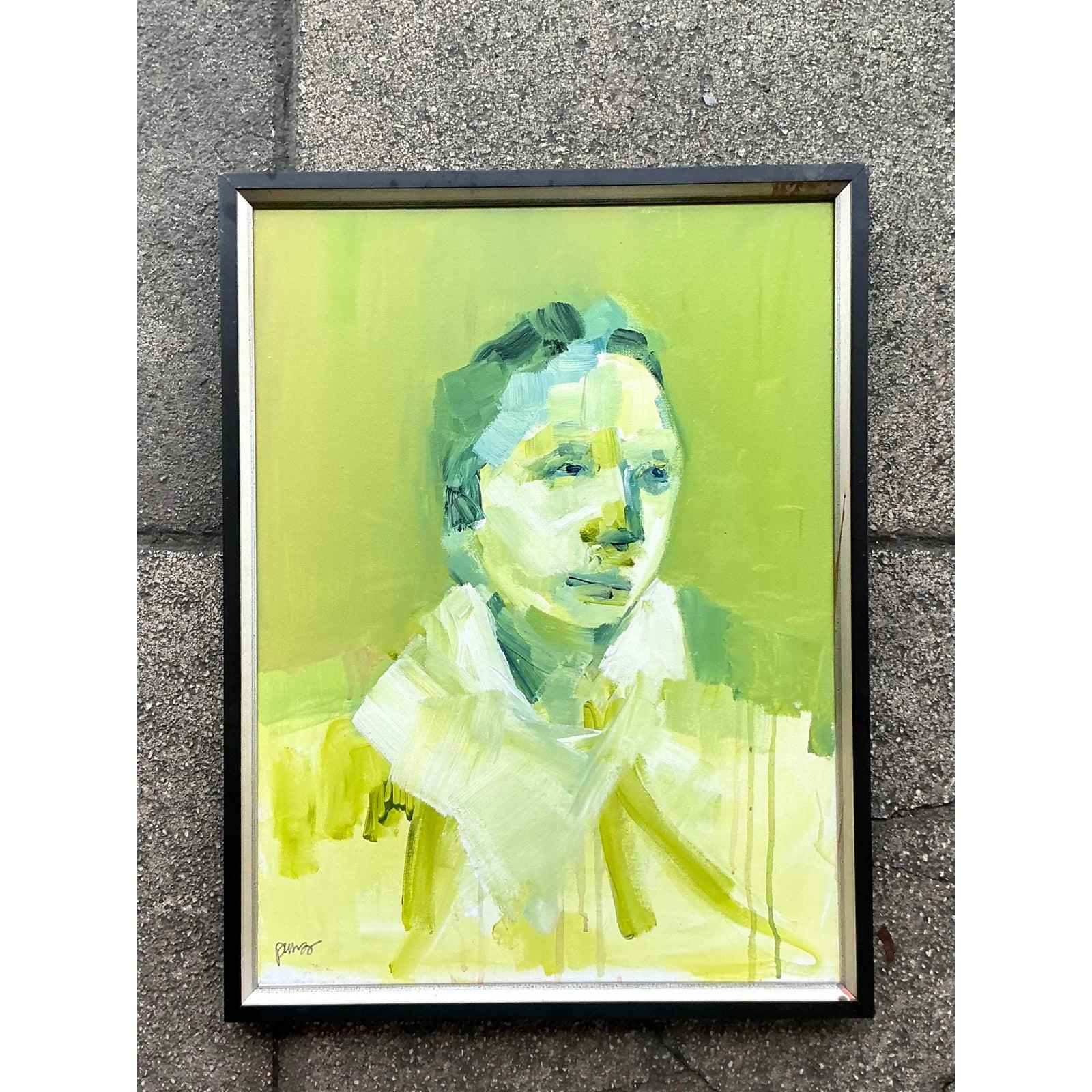 Ende des 20. Jahrhunderts Vintage Boho abstrakte figurative Porträt auf Leinwand im Angebot 1