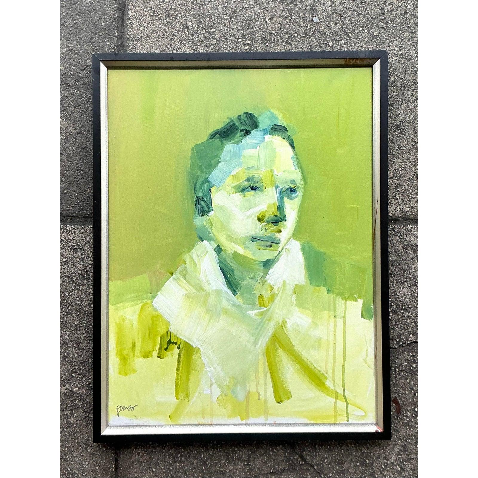 Ende des 20. Jahrhunderts Vintage Boho abstrakte figurative Porträt auf Leinwand im Angebot 2