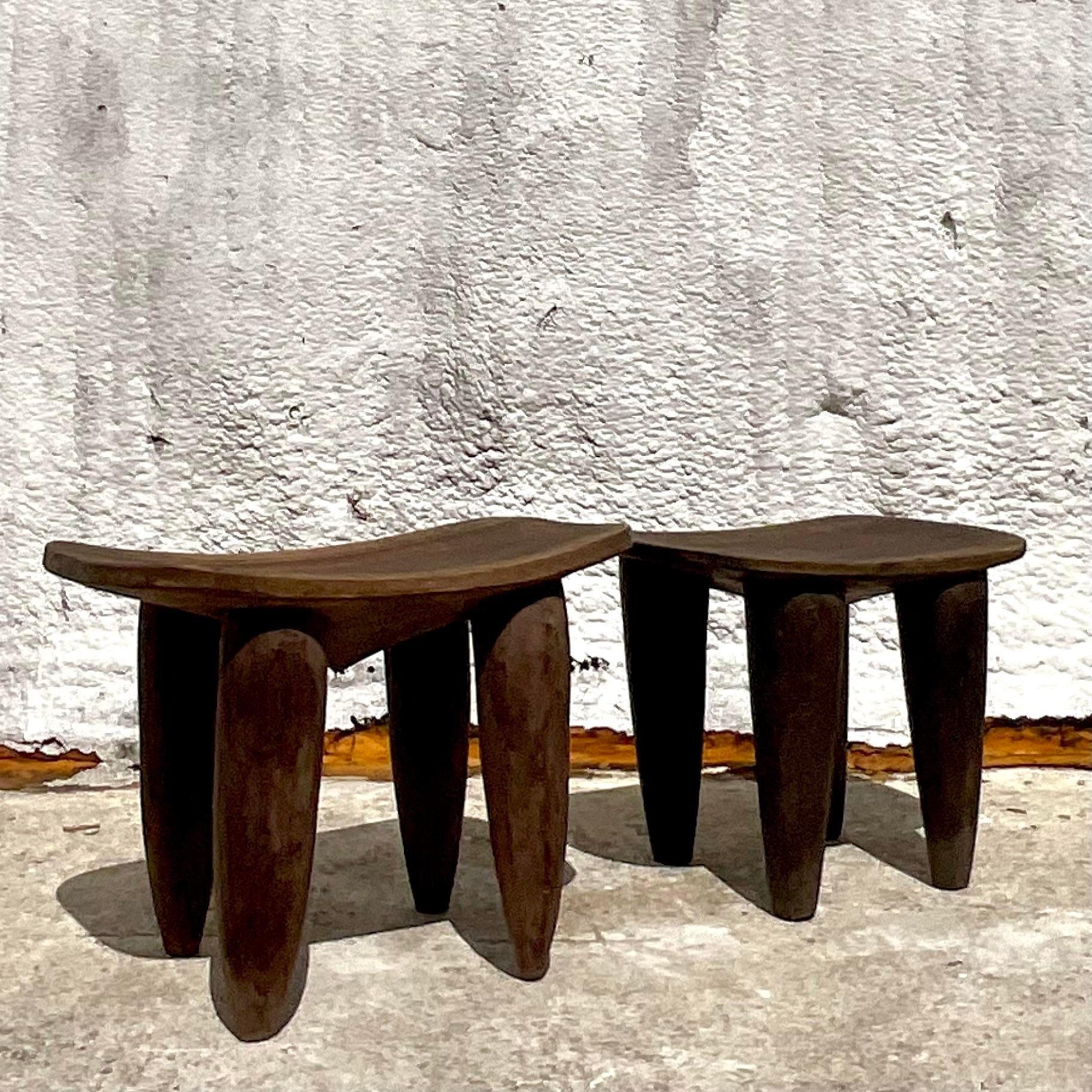 Late 20th Century Vintage Boho African Senufo Low Stools - a Pair In Good Condition For Sale In west palm beach, FL