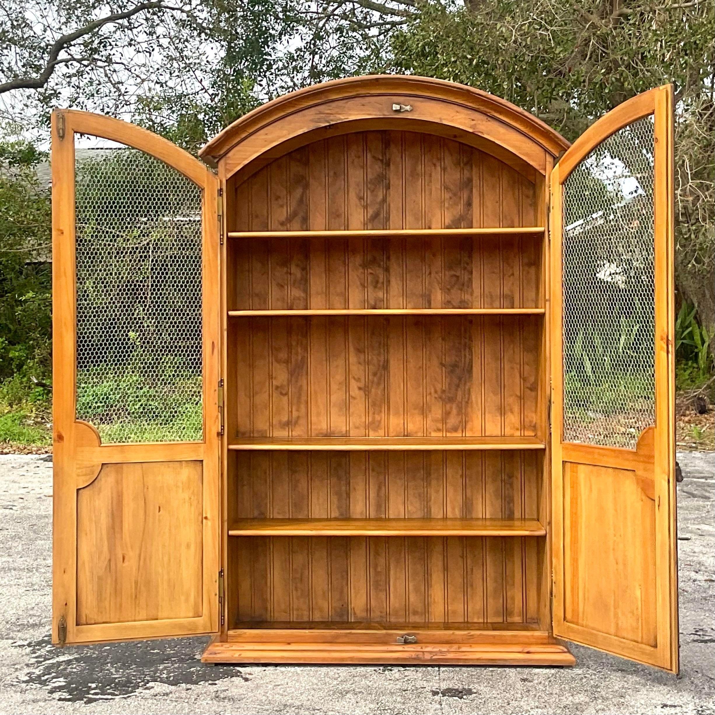 Metal Late 20th Century Vintage Boho Arched Pine Armoire For Sale