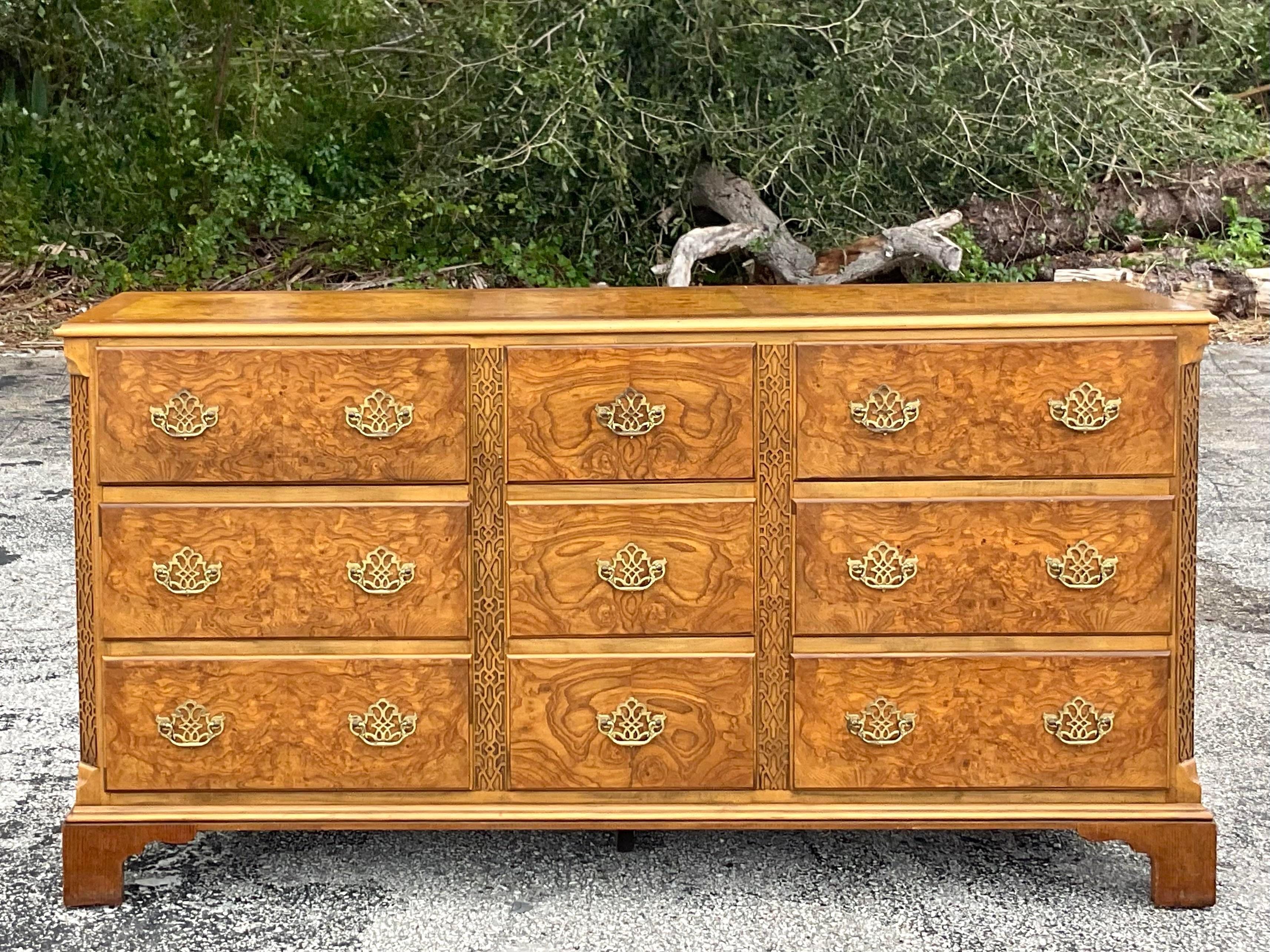 Late 20th Century Vintage Boho Baker Fretwork Burl Wood Dresser In Good Condition For Sale In west palm beach, FL