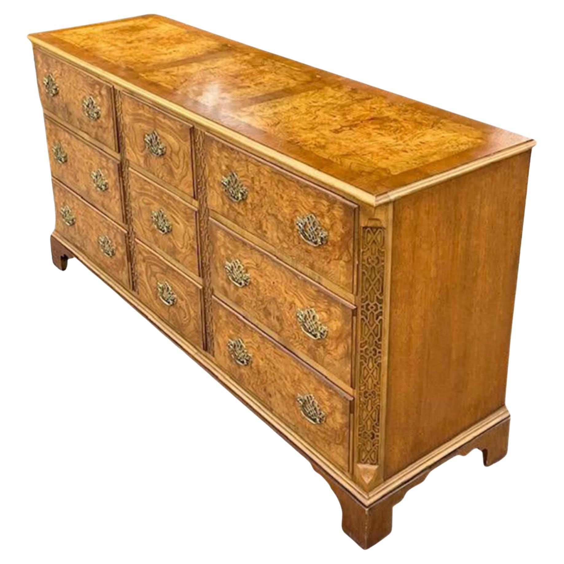 Late 20th Century Vintage Boho Baker Fretwork Burl Wood Dresser For Sale