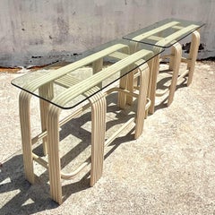 Late 20th Century Vintage Boho Bent Rattan Console Tables - a Pair