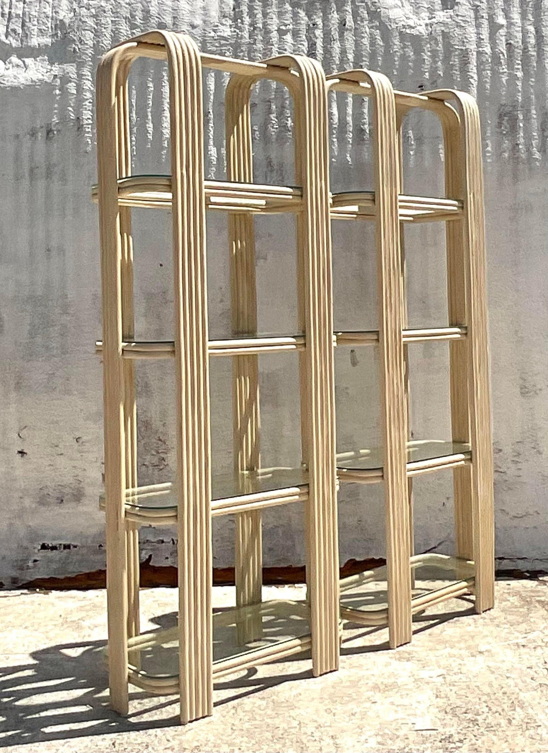 Late 20th Century Vintage Boho Bent Rattan Etagere - a Pair In Good Condition For Sale In west palm beach, FL