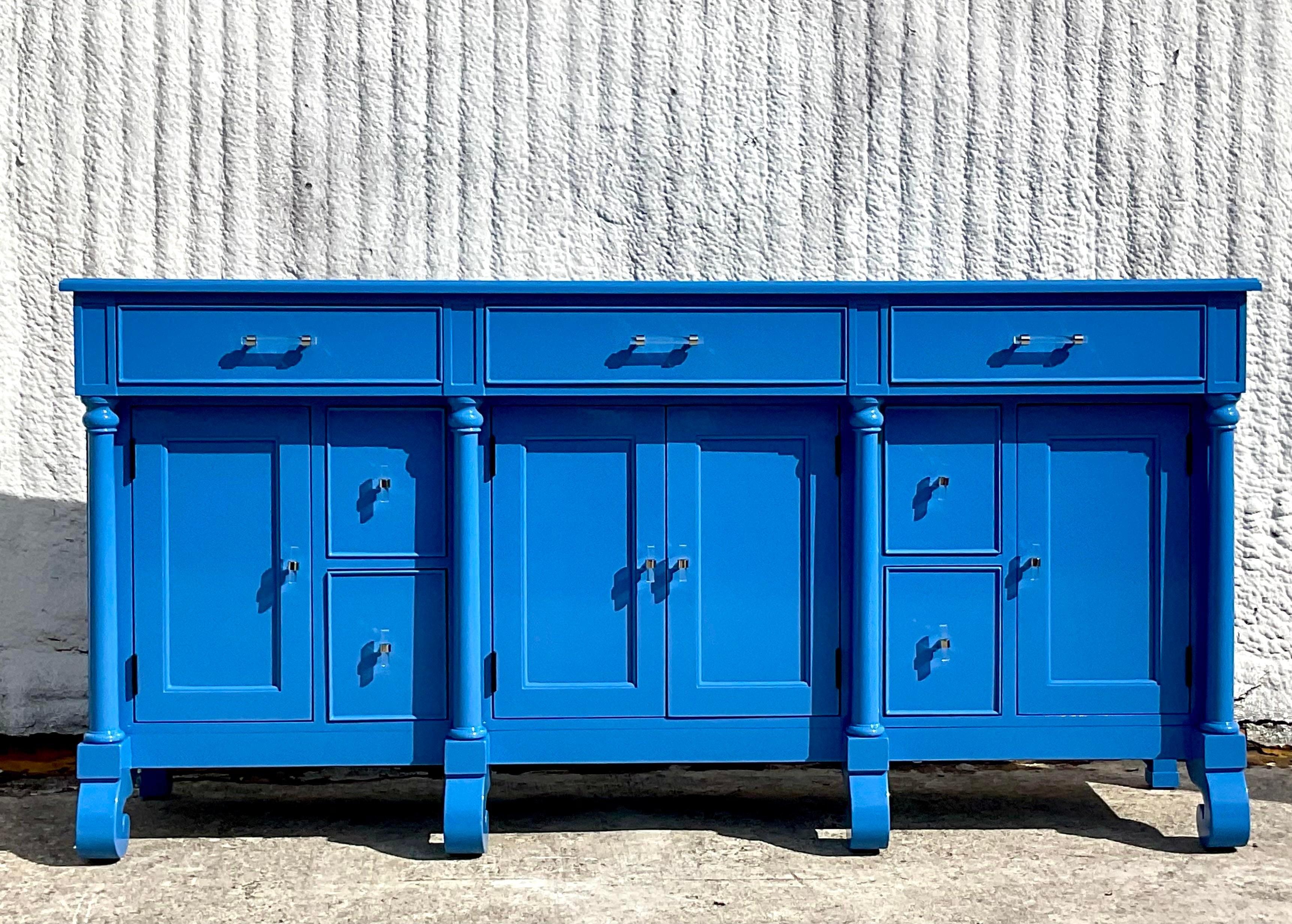 Late 20th Century Vintage Boho Bernhardt Gloss Lacquered Blue Credenza For Sale 5