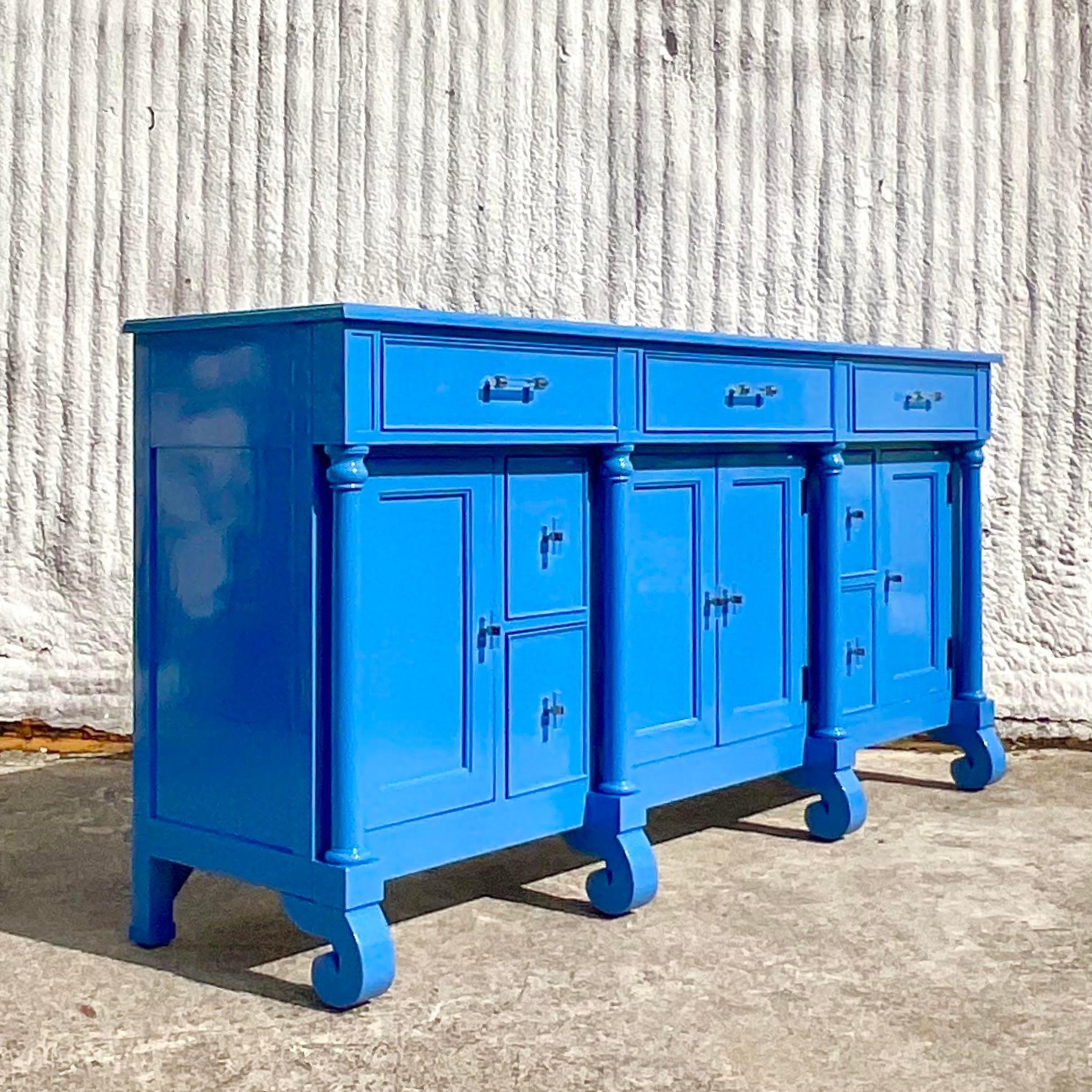 Late 20th Century Vintage Boho Bernhardt Gloss Lacquered Blue Credenza For Sale 2