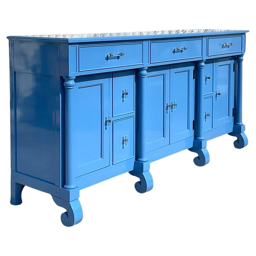 Late 20th Century Vintage Boho Bernhardt Gloss Lacquered Blue Credenza