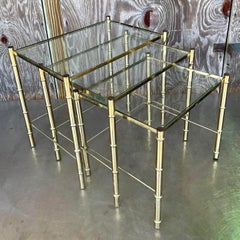 Late 20th Century Vintage Boho Brass Bamboo Nesting Tables - Set of 3