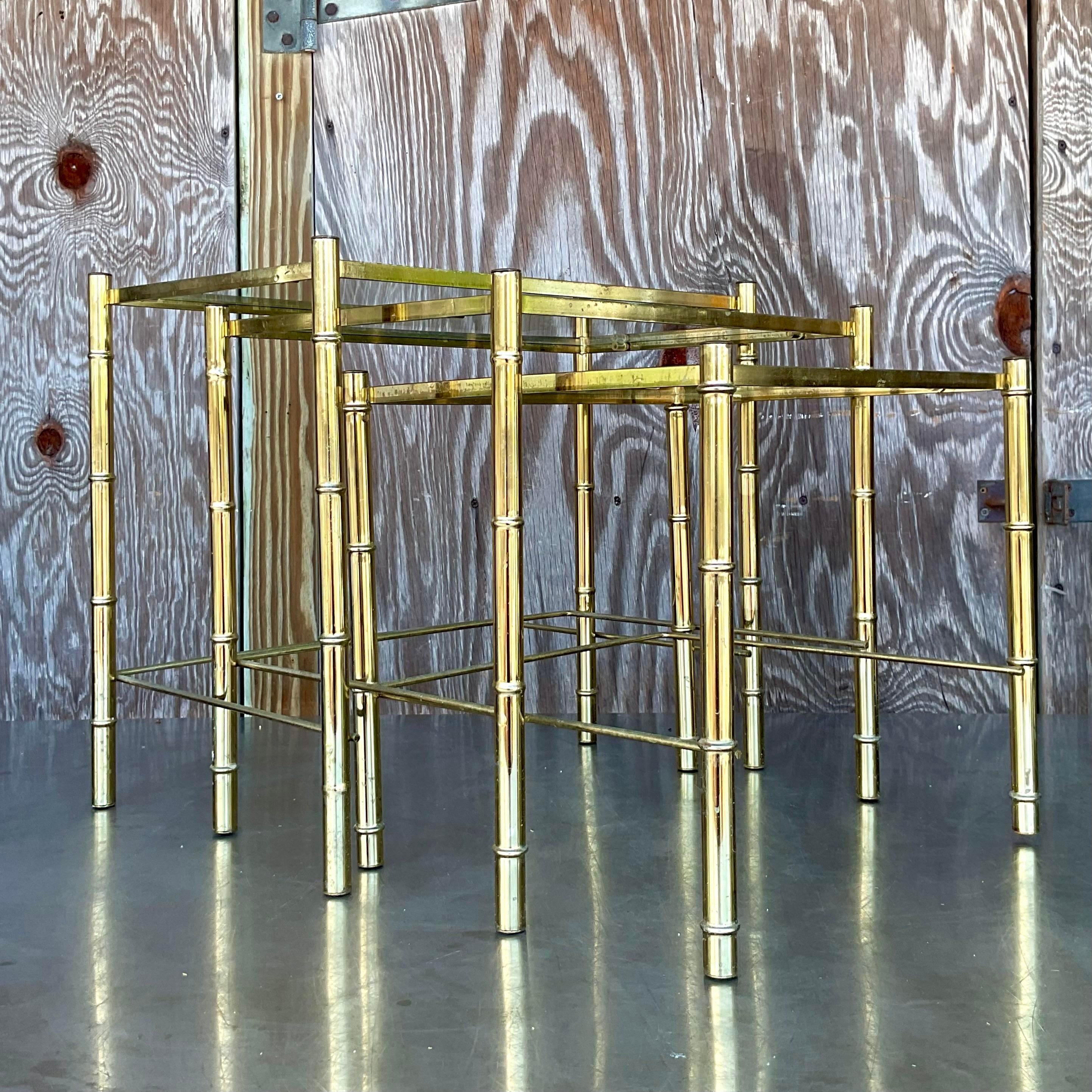 American Late 20th Century Vintage Boho Brass Bamboo Nesting Tables - Set of 3 For Sale