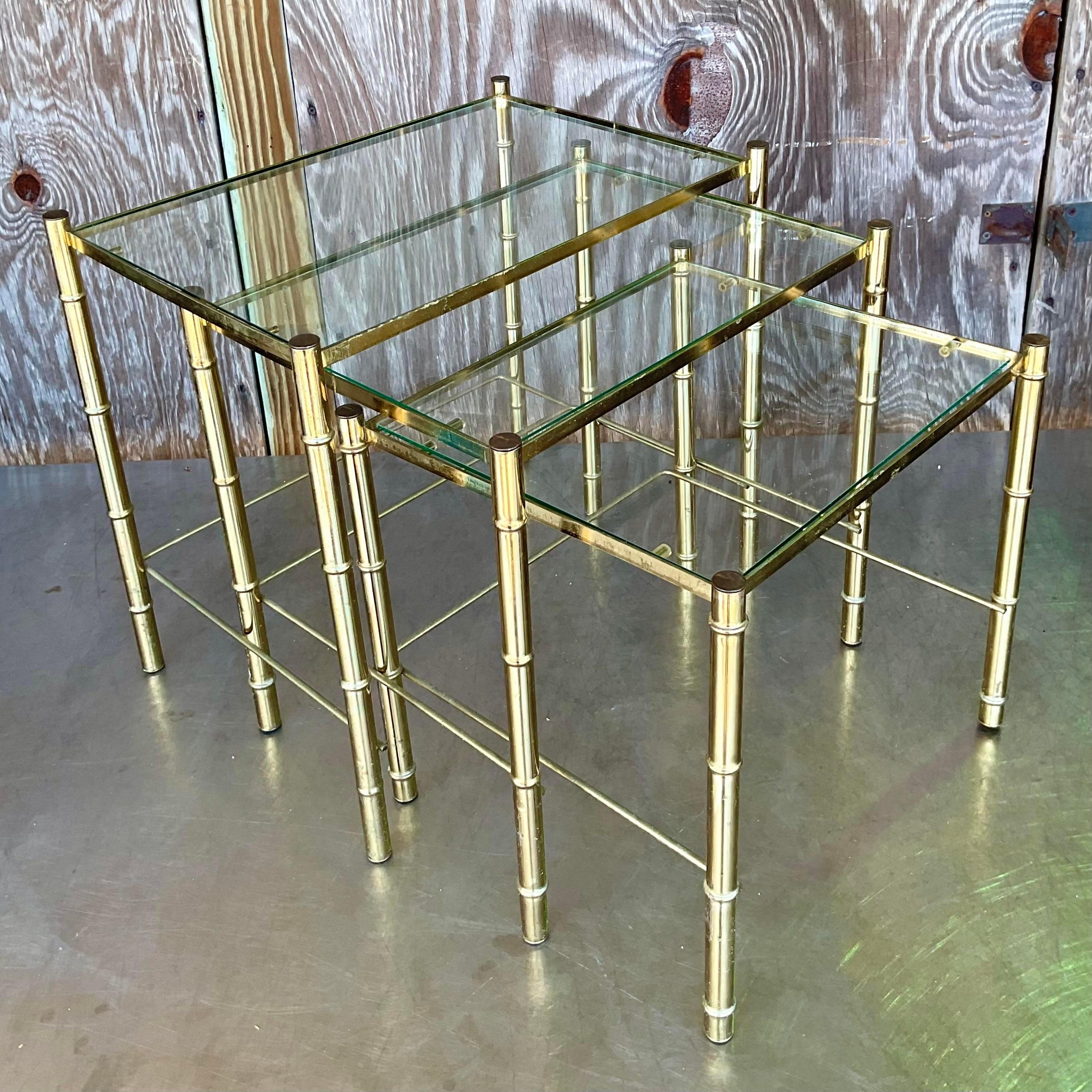 Late 20th Century Vintage Boho Brass Bamboo Nesting Tables - Set of 3 For Sale 1