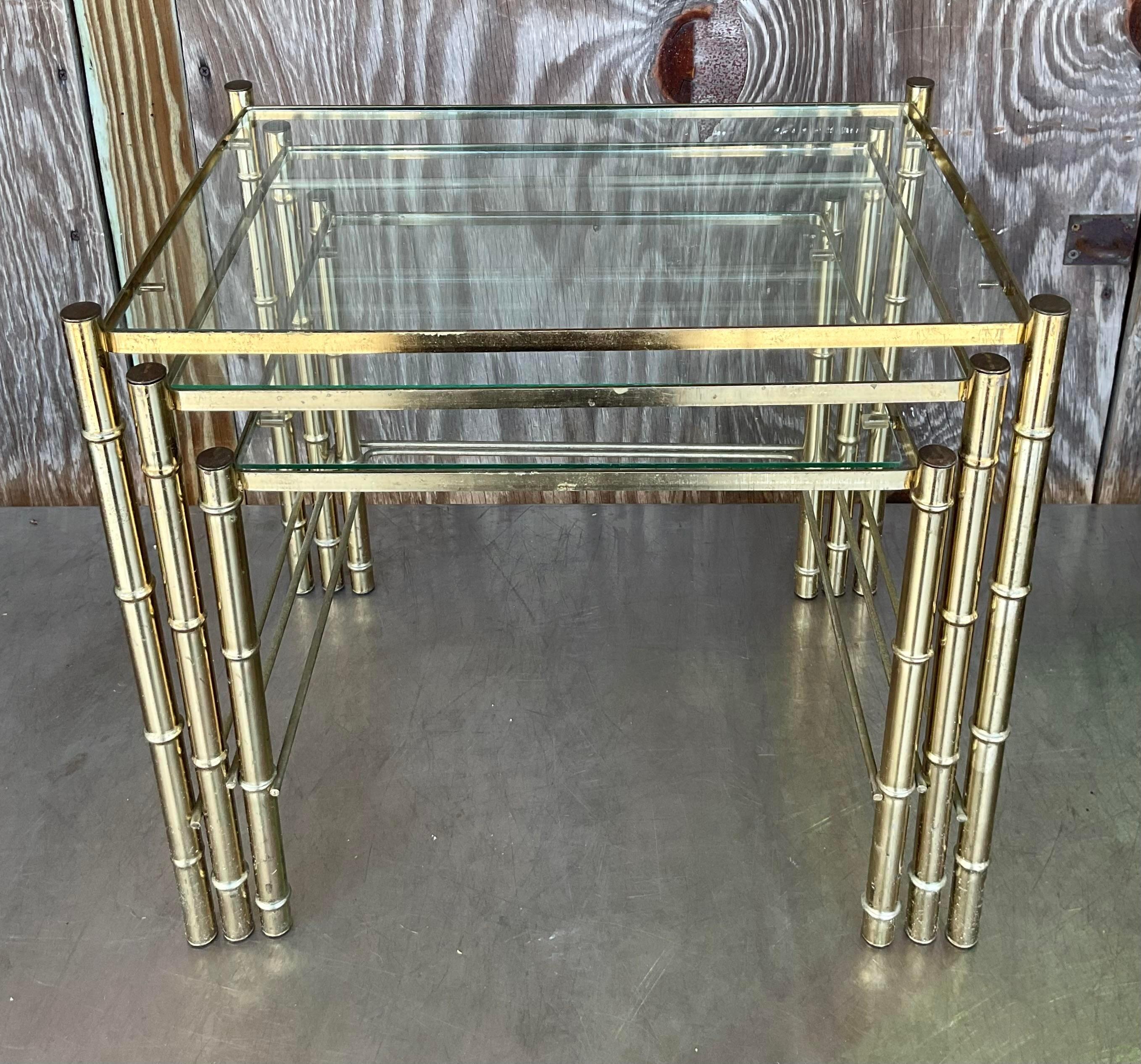 Late 20th Century Vintage Boho Brass Bamboo Nesting Tables - Set of 3 For Sale 2