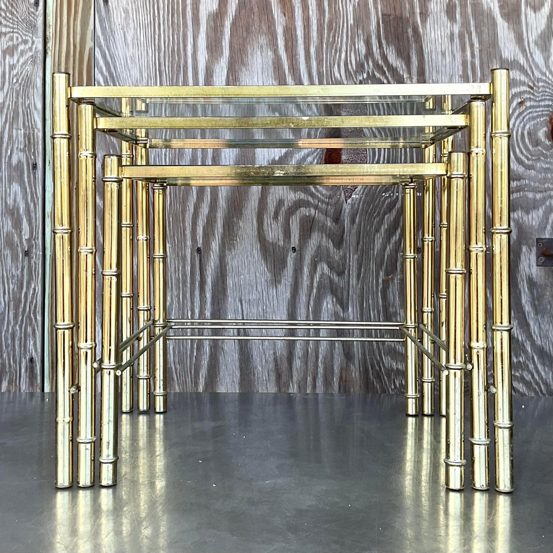 Late 20th Century Vintage Boho Brass Bamboo Nesting Tables - Set of 3 For Sale 3