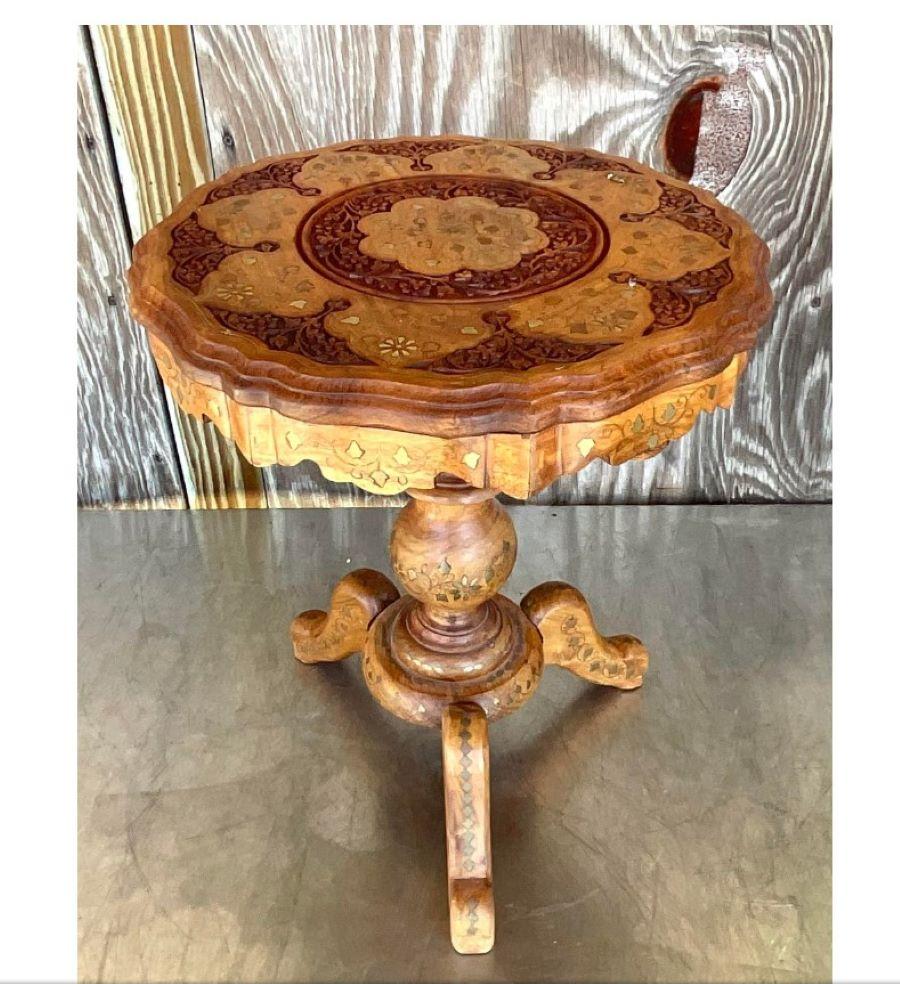 Bohemian Late 20th Century Vintage Boho Brass Inlay Drinks Table For Sale