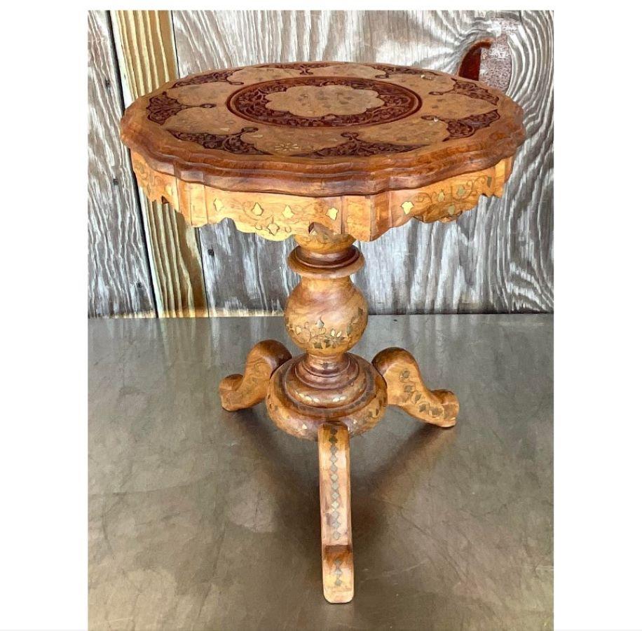 North American Late 20th Century Vintage Boho Brass Inlay Drinks Table For Sale
