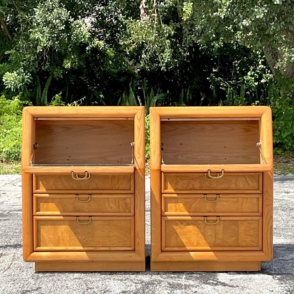 Late 20th Century Vintage Boho Broyhill Burl Wood Nightstands - a Pair In Good Condition For Sale In west palm beach, FL