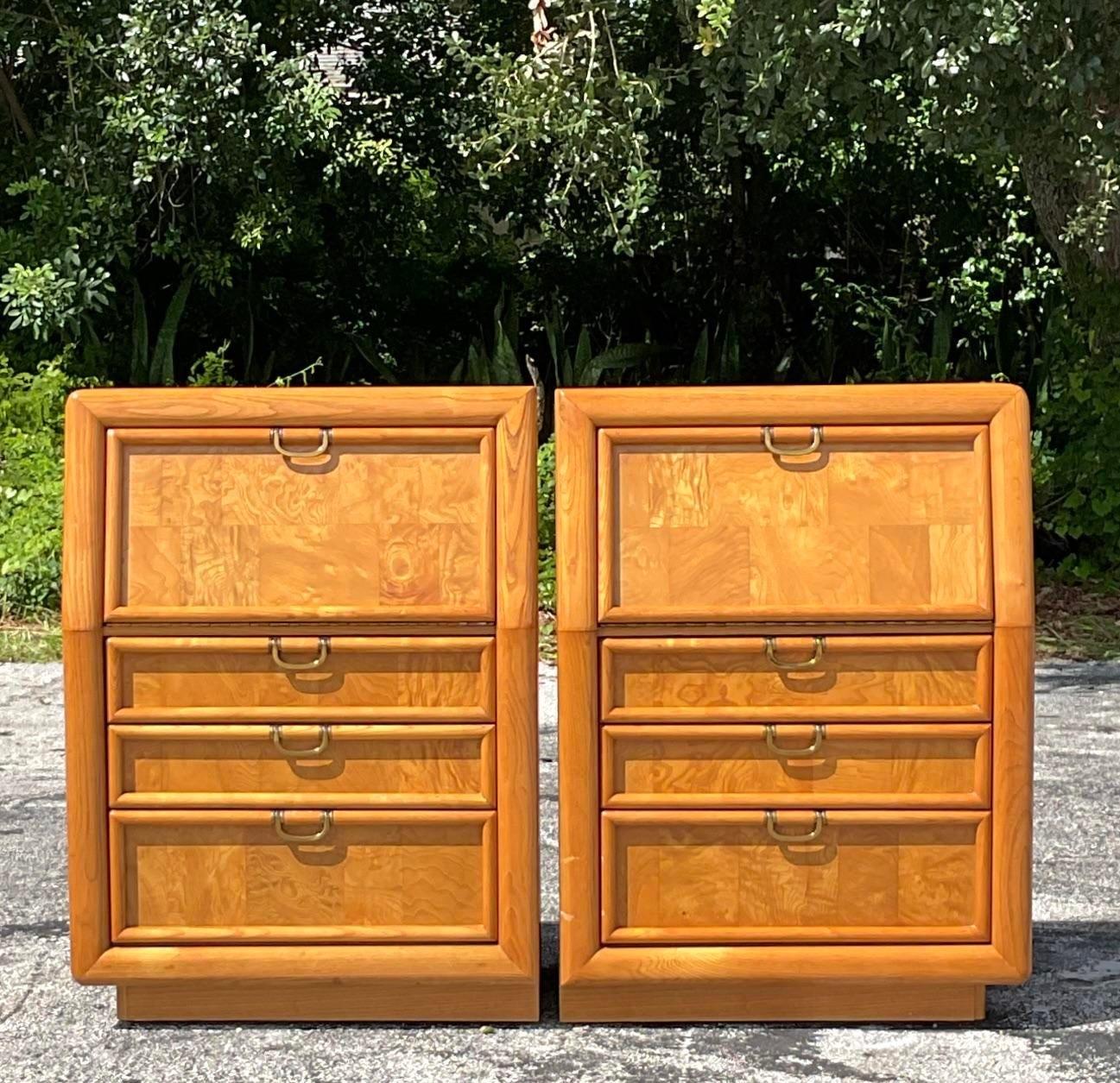 Late 20th Century Vintage Boho Broyhill Burl Wood Nightstands - a Pair For Sale 2