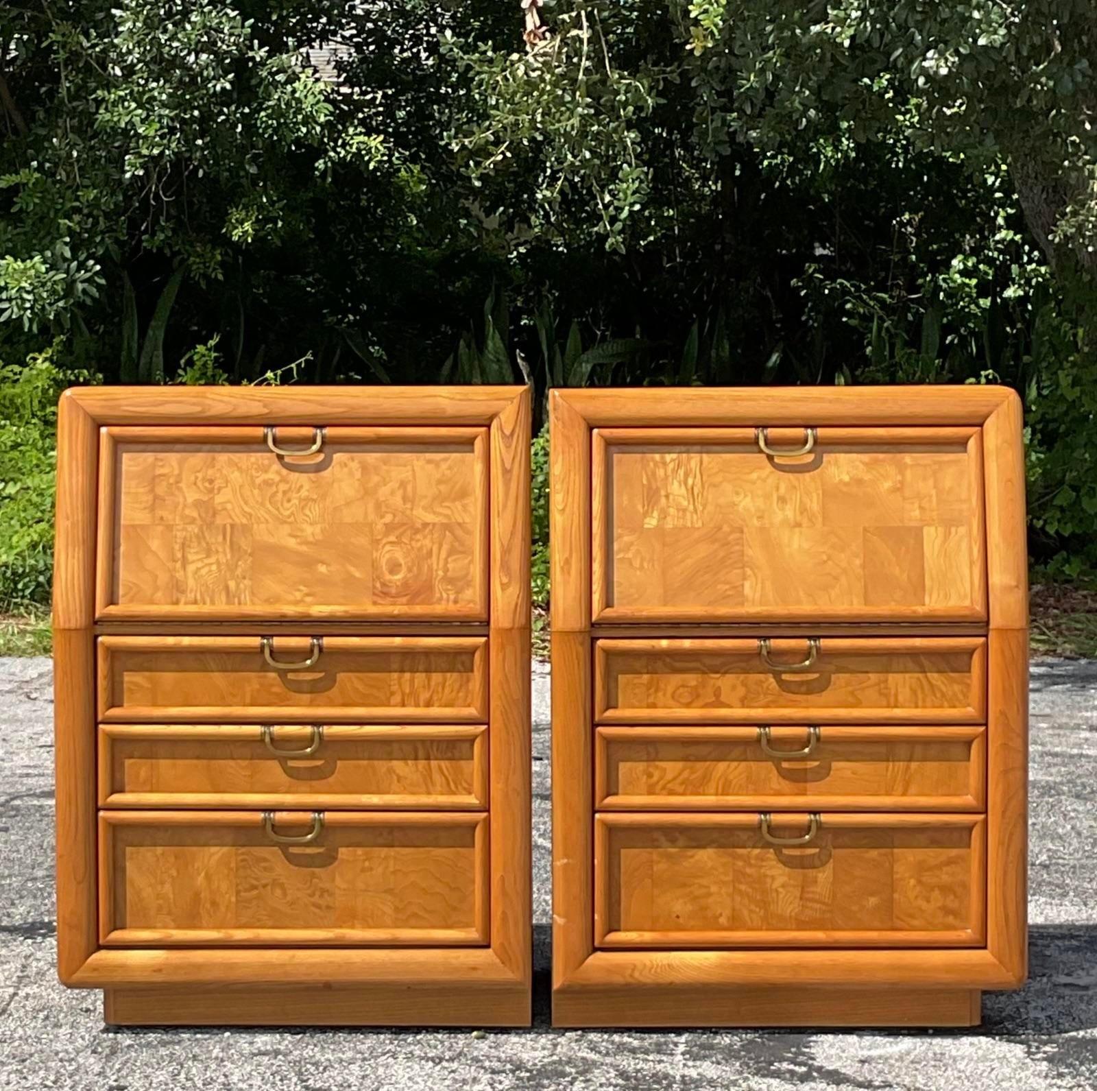 Late 20th Century Vintage Boho Broyhill Burl Wood Nightstands - a Pair For Sale 4