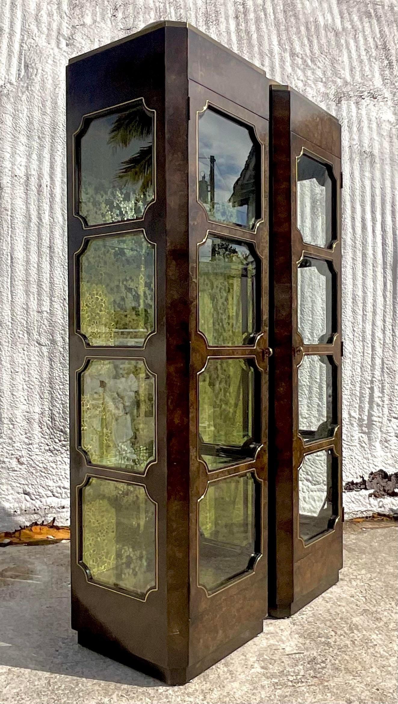 Late 20th Century Vintage Boho Burl Wood Tower Etageres After Mastercraft  In Good Condition For Sale In west palm beach, FL