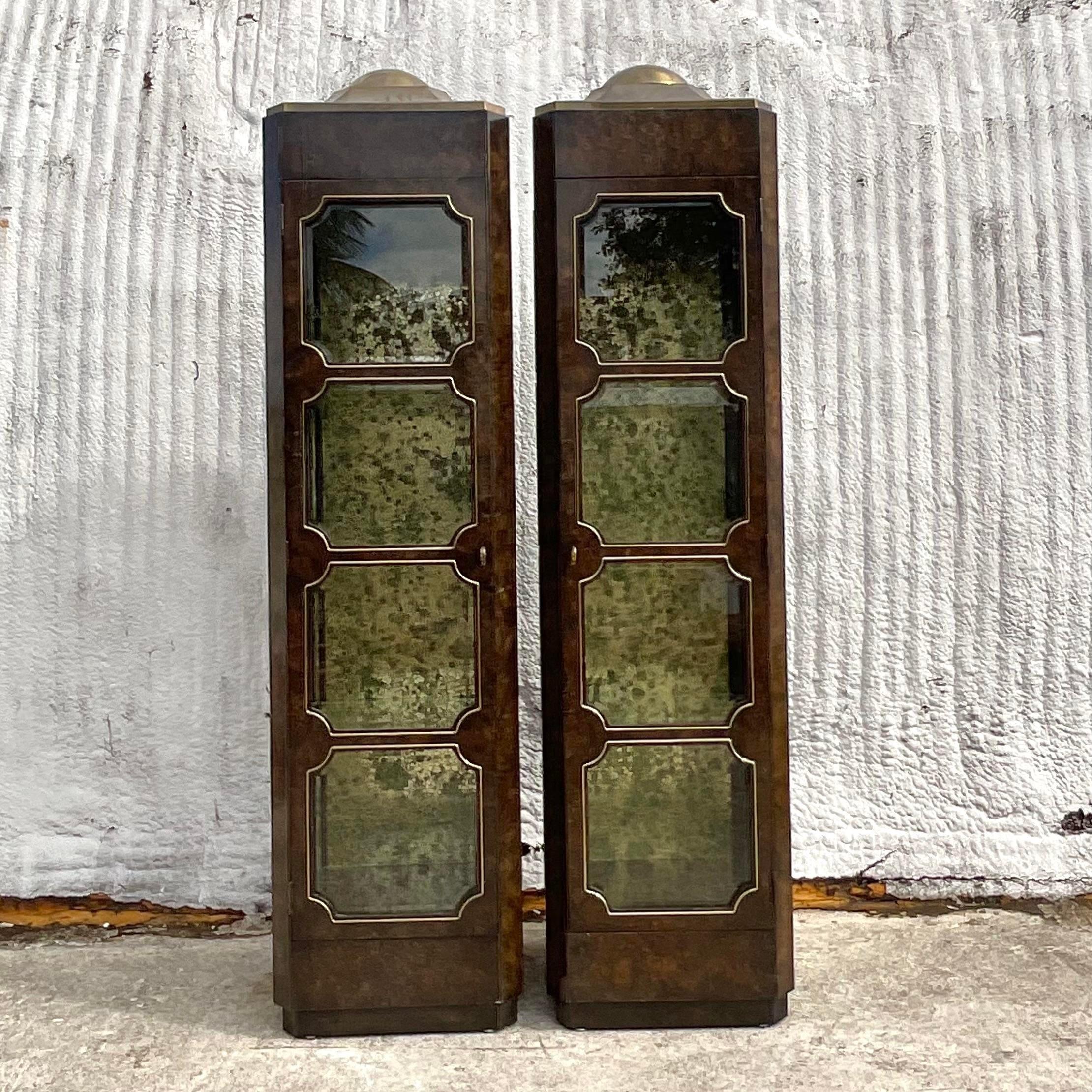 Brass Late 20th Century Vintage Boho Burl Wood Tower Etageres After Mastercraft  For Sale