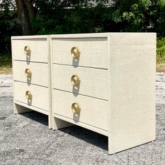 Late 20th Century Vintage Boho Burlap Wrapped Chest of Drawers - a Pair