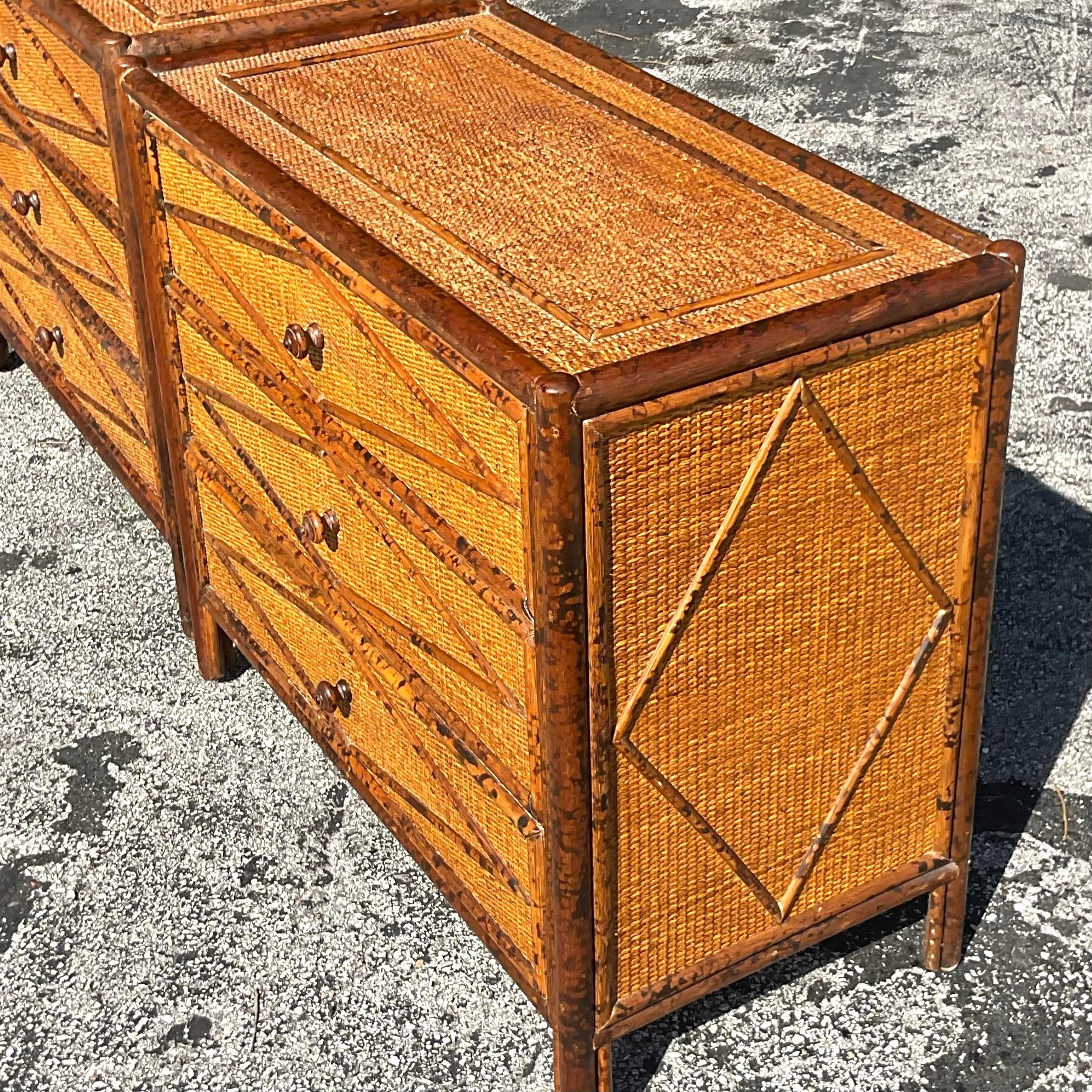 Philippine Late 20th Century Vintage Boho Burnt Bamboo Chests of Drawers - a Pair For Sale