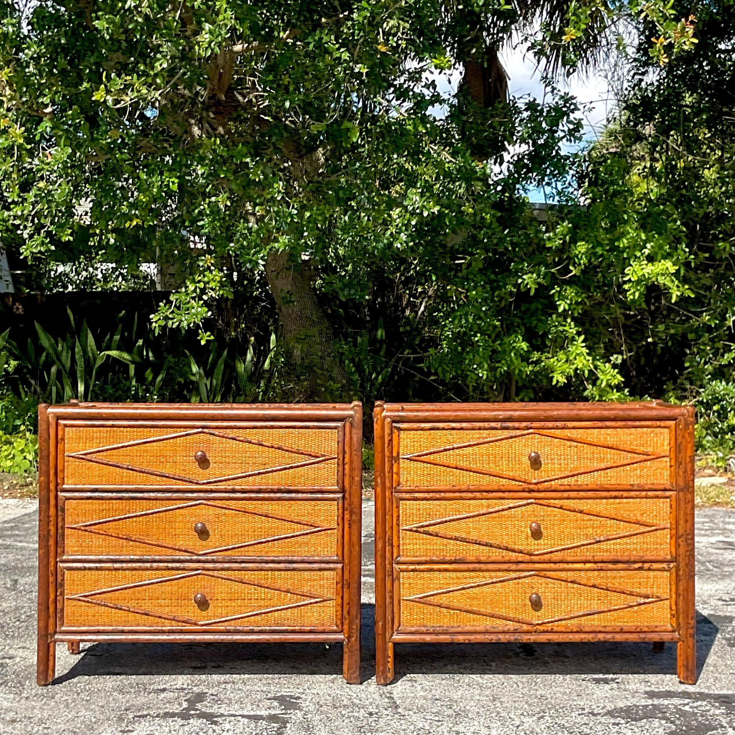 Late 20th Century Vintage Boho Burnt Bamboo Chests of Drawers - a Pair In Good Condition For Sale In west palm beach, FL