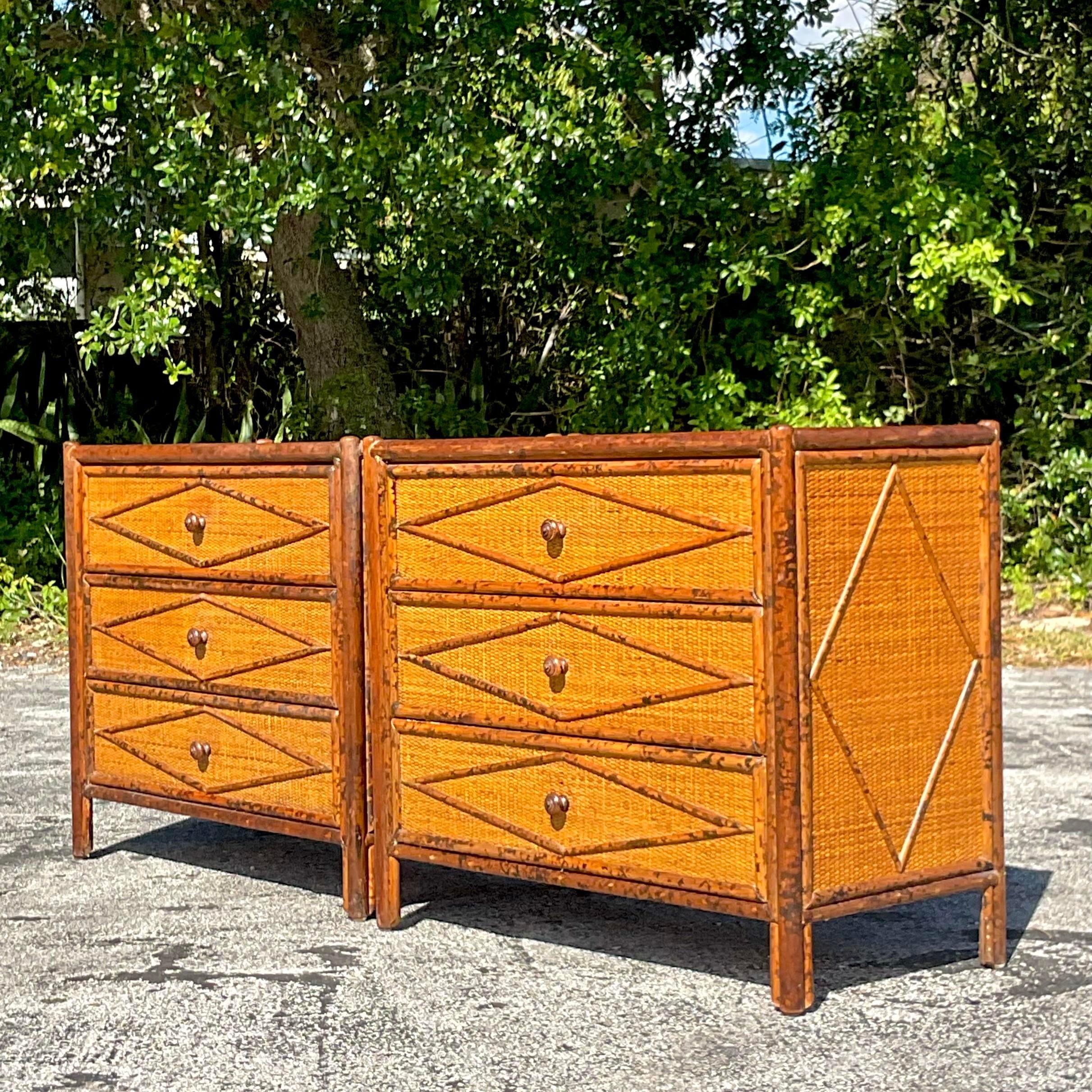 Late 20th Century Vintage Boho Burnt Bamboo Chests of Drawers - a Pair For Sale 1