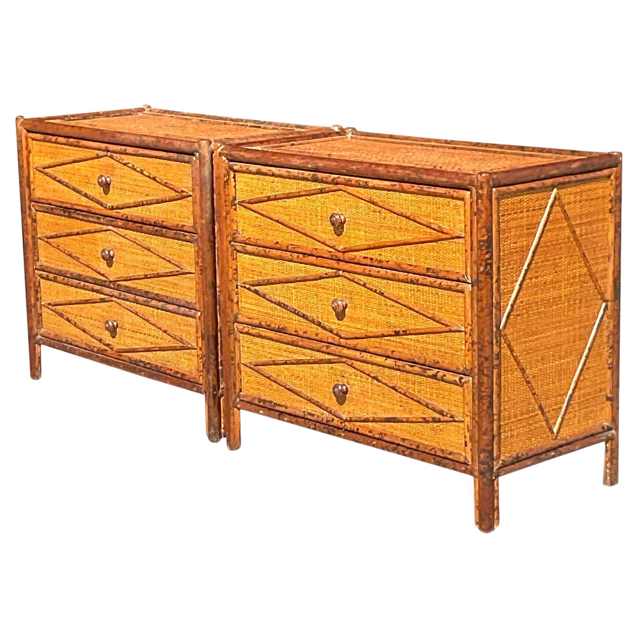 Late 20th Century Vintage Boho Burnt Bamboo Chests of Drawers - a Pair