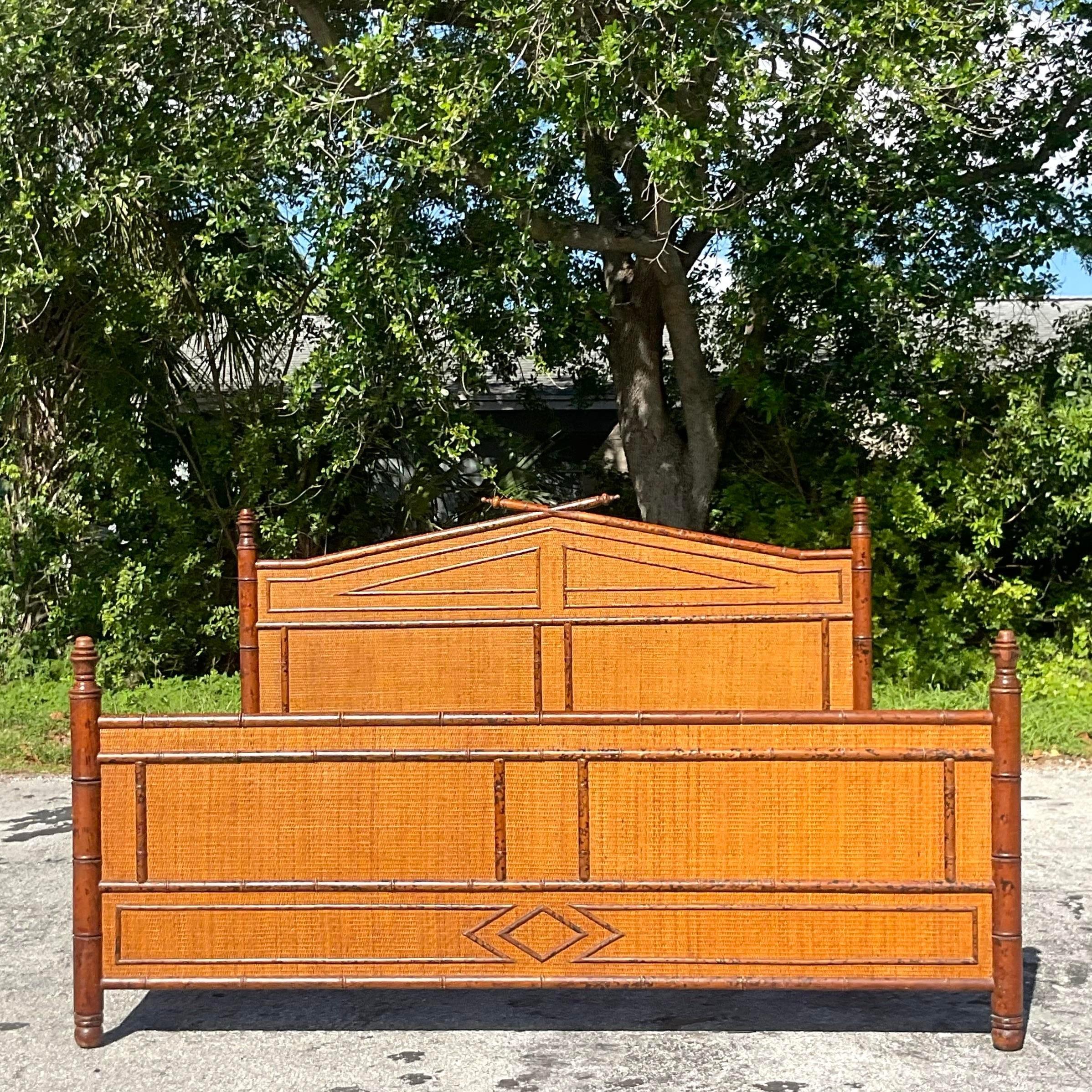 Late 20th Century Vintage Boho Burnt Bamboo King Size Bed Frame In Good Condition For Sale In west palm beach, FL