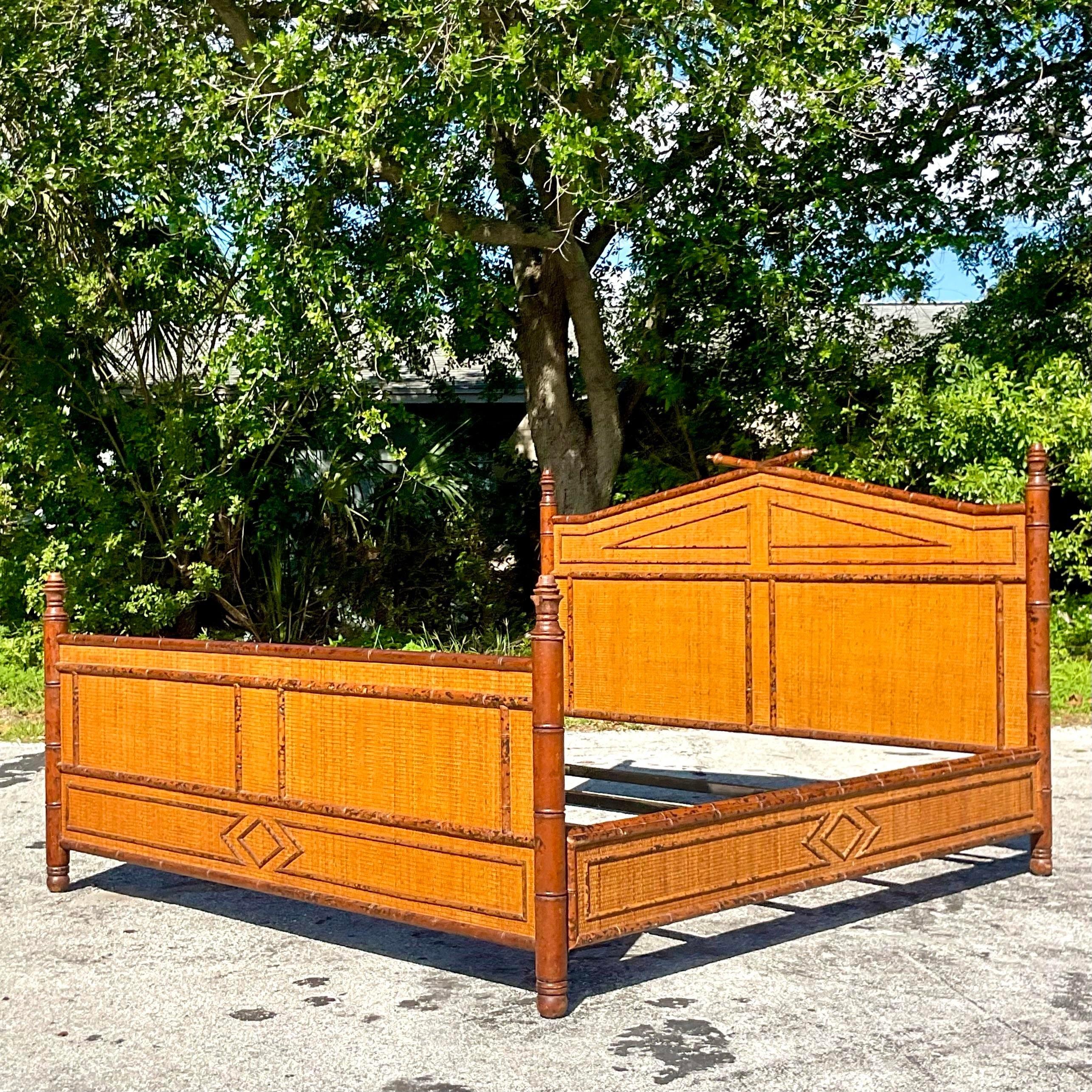 Late 20th Century Vintage Boho Burnt Bamboo King Size Bed Frame For Sale 1