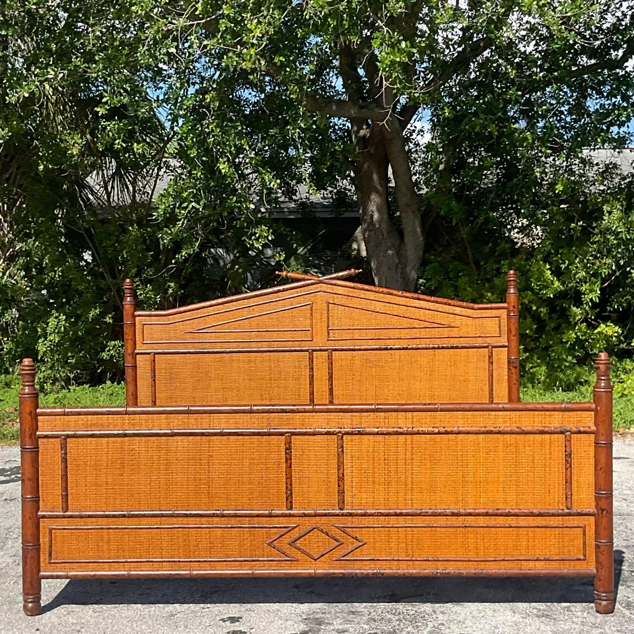Late 20th Century Vintage Boho Burnt Bamboo King Size Bed Frame For Sale 2