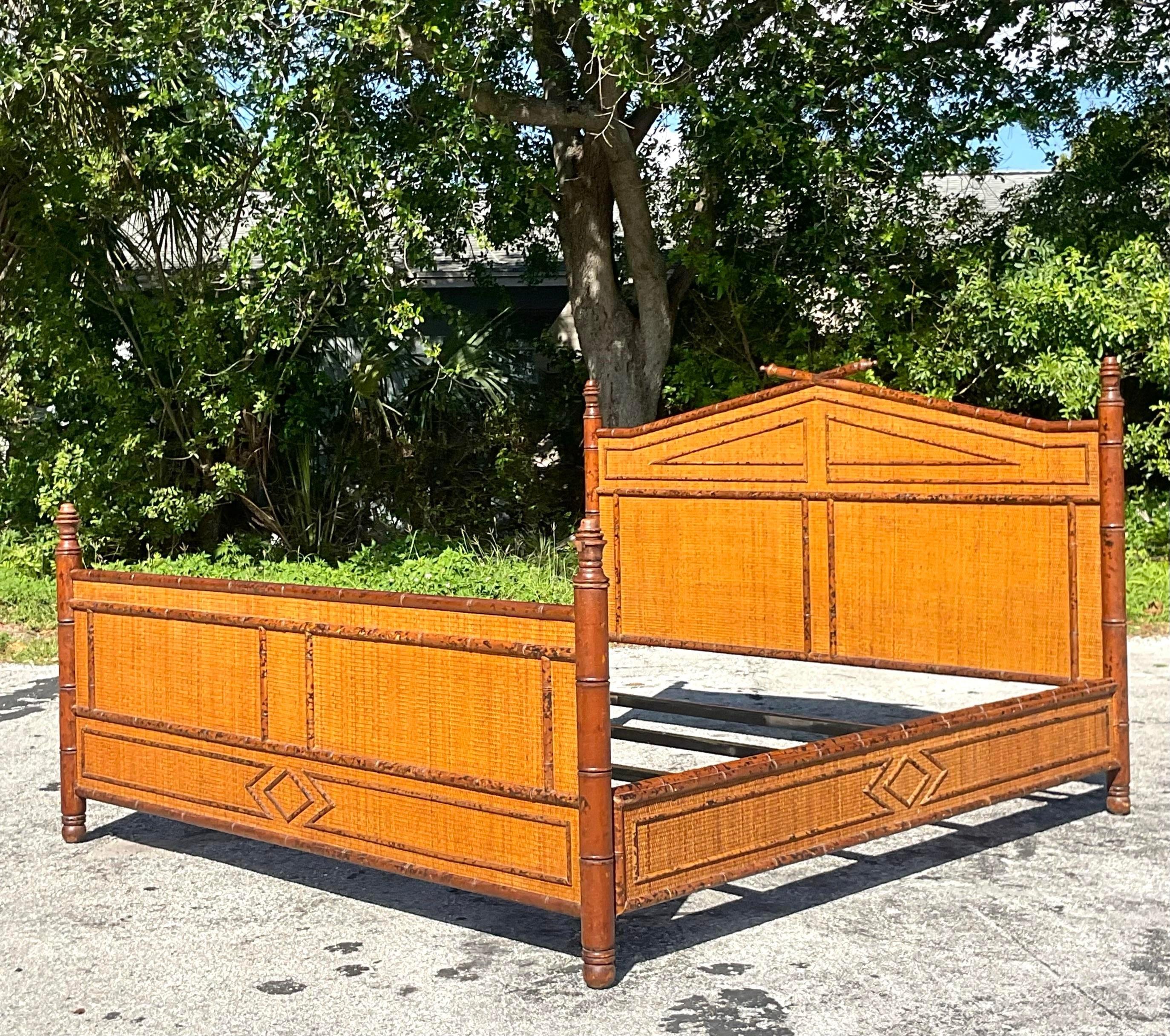 Late 20th Century Vintage Boho Burnt Bamboo King Size Bed Frame For Sale 3