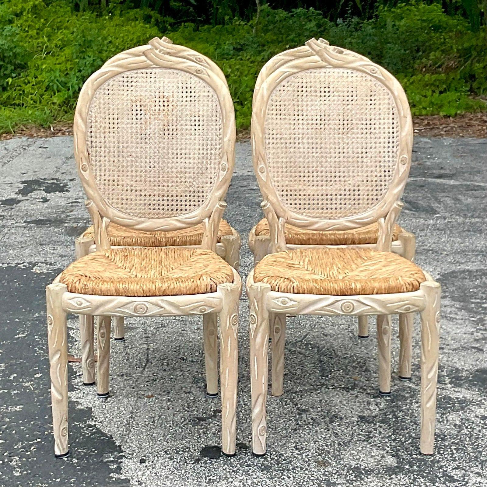 North American Late 20th Century Vintage Boho Carved Faux Bois Dining Chairs - Set of 4 For Sale