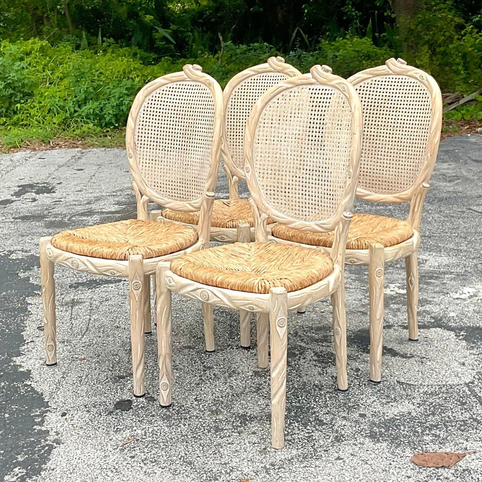 Late 20th Century Vintage Boho Carved Faux Bois Dining Chairs - Set of 4 In Good Condition For Sale In west palm beach, FL