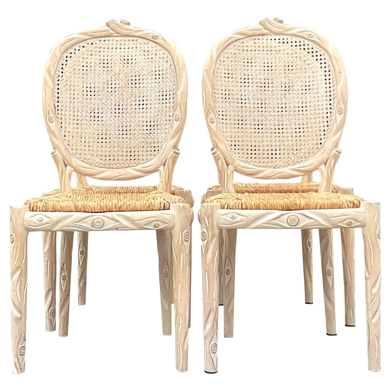 Late 20th Century Vintage Boho Carved Faux Bois Dining Chairs - Set of 4 For Sale