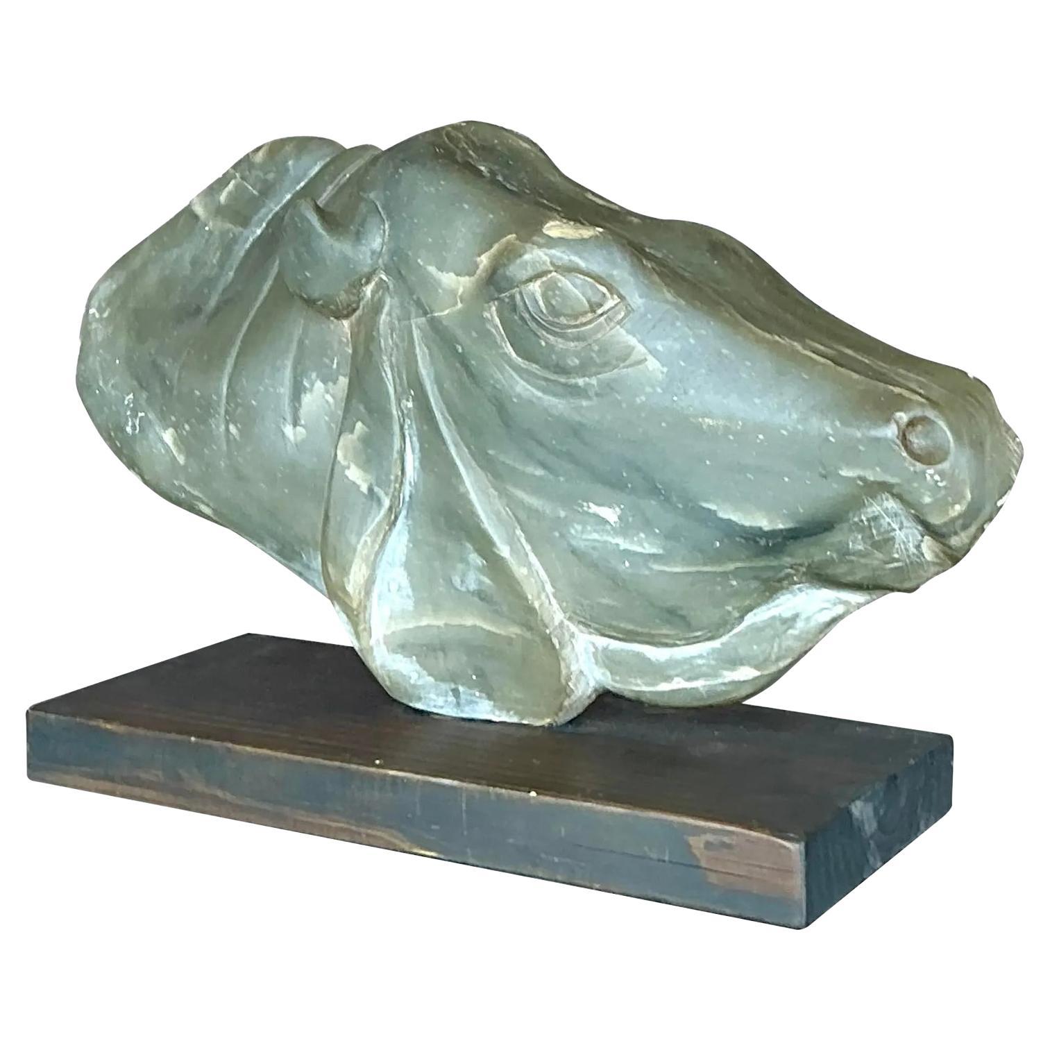 Late 20th Century Vintage Boho Carved Soapstone Cow Bust
