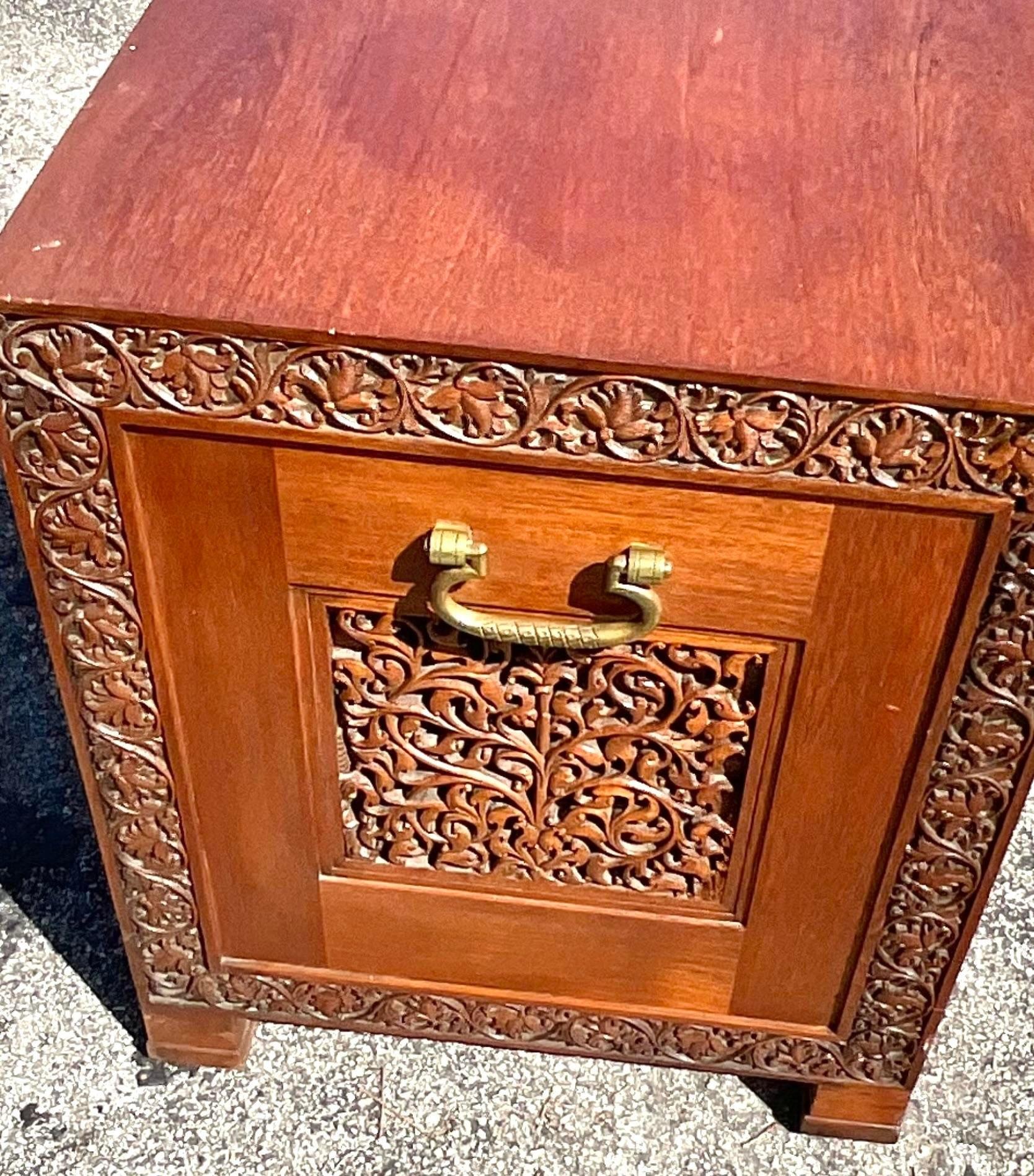 Late 20th Century Vintage Boho Carved Teak Credenza In Good Condition For Sale In west palm beach, FL