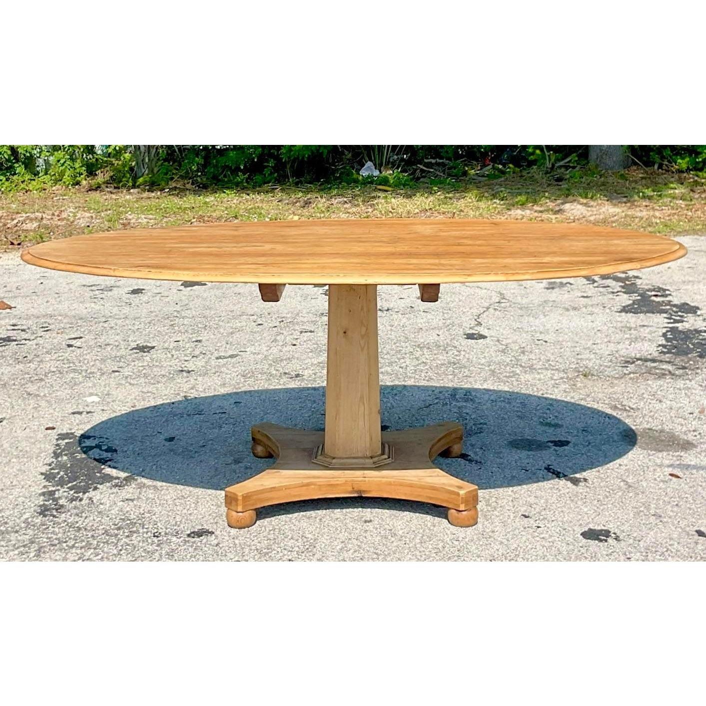 Rustic Late 20th Century Vintage Boho Center Pedestal Oval Pine Dining Table