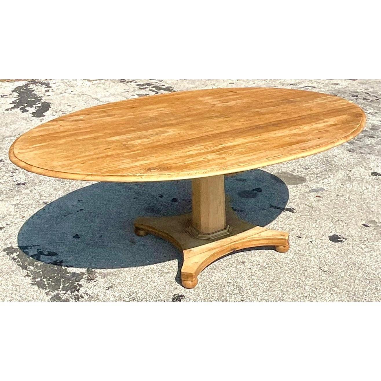 Late 20th Century Vintage Boho Center Pedestal Oval Pine Dining Table In Good Condition In west palm beach, FL