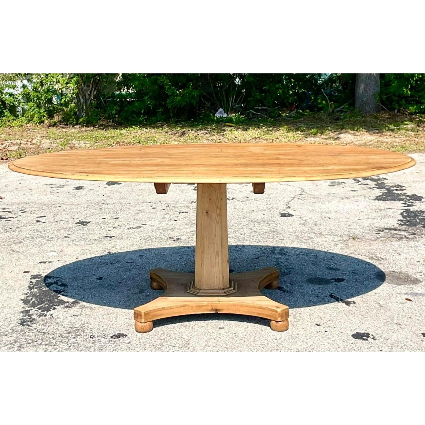 Late 20th Century Vintage Boho Center Pedestal Oval Pine Dining Table 1