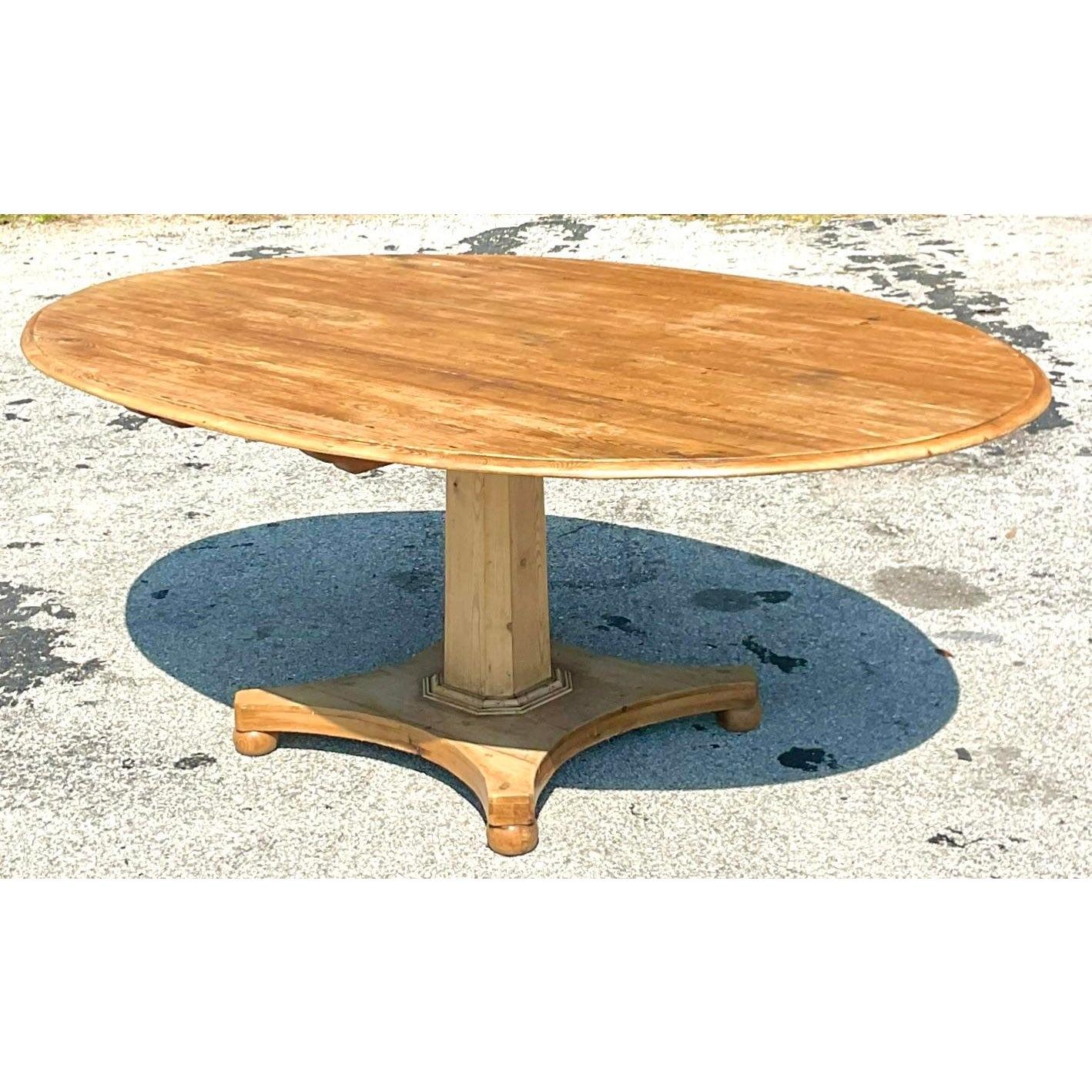 Late 20th Century Vintage Boho Center Pedestal Oval Pine Dining Table 4